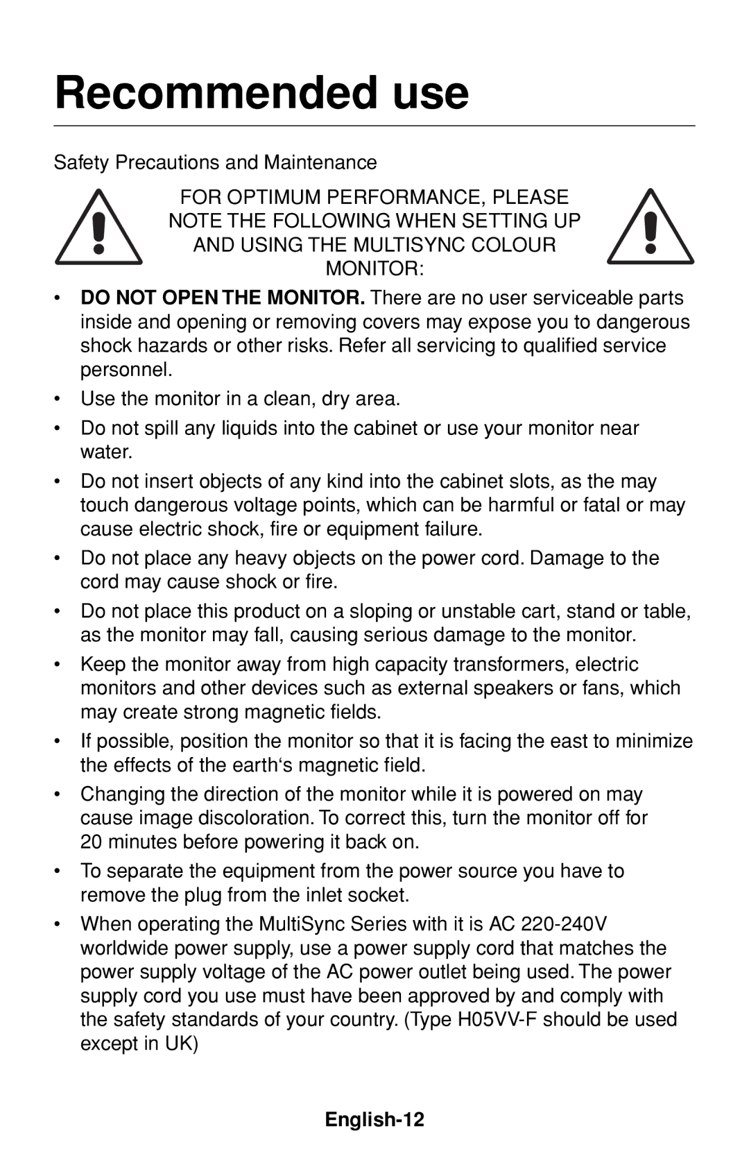 NEC MultiSync 75F user manual Recommended use, English-12 