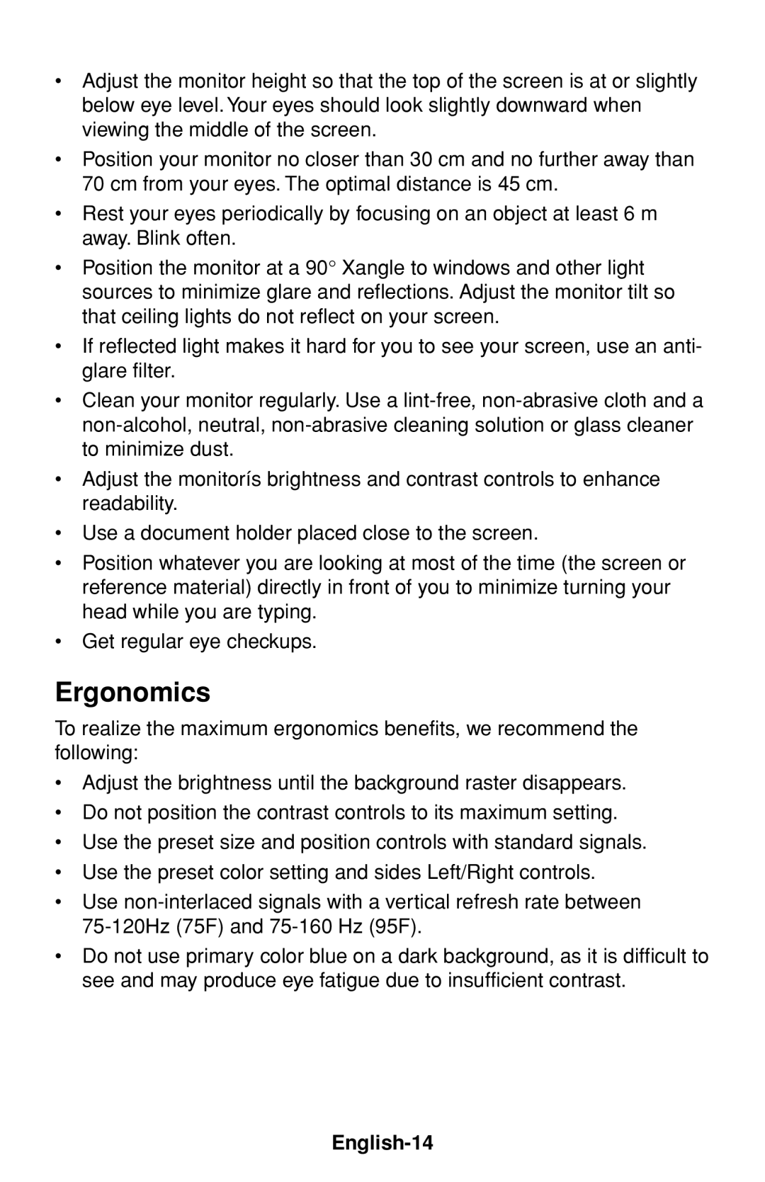 NEC MultiSync 75F user manual Ergonomics, English-14 