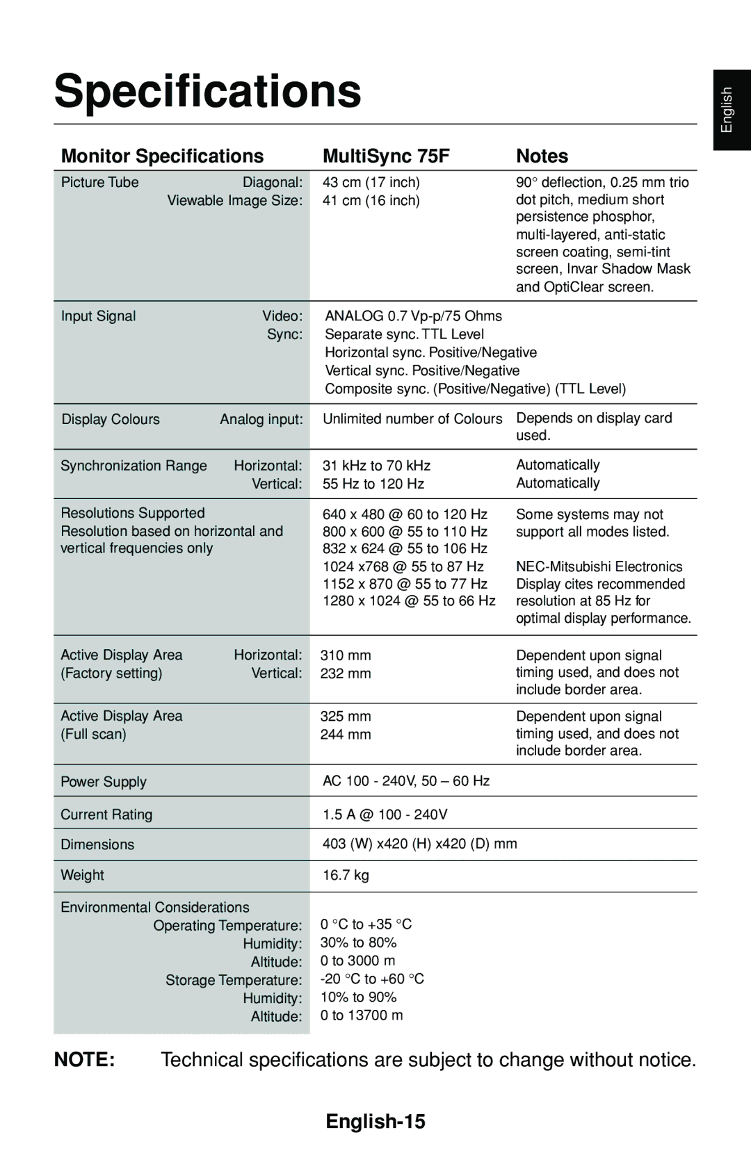 NEC MultiSync 75F user manual Specifications, English-15 