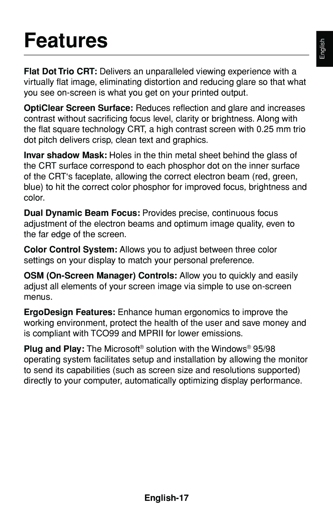 NEC MultiSync 75F user manual Features, English-17 