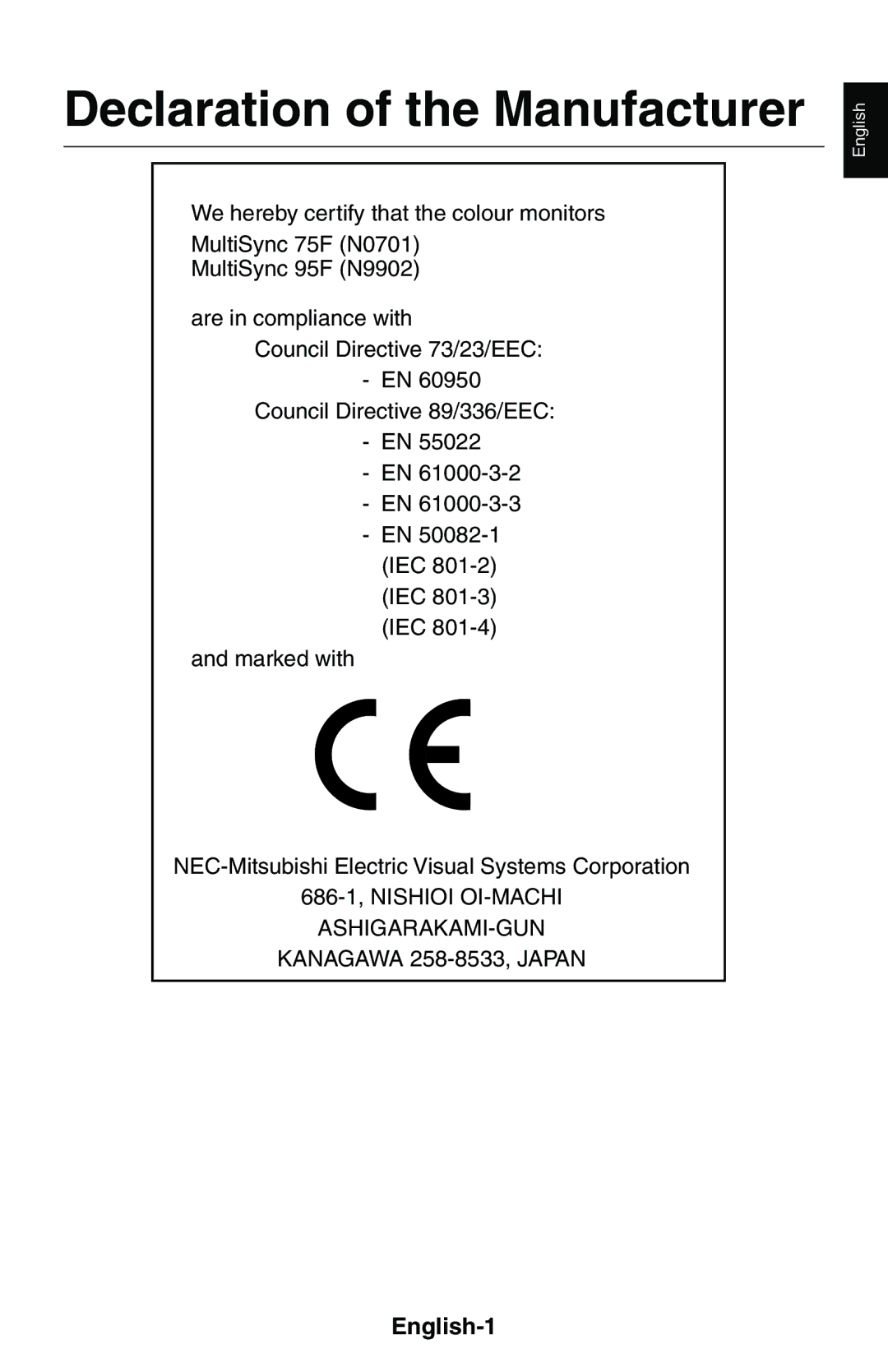 NEC MultiSync 75F user manual Declaration of the Manufacturer, English-1 