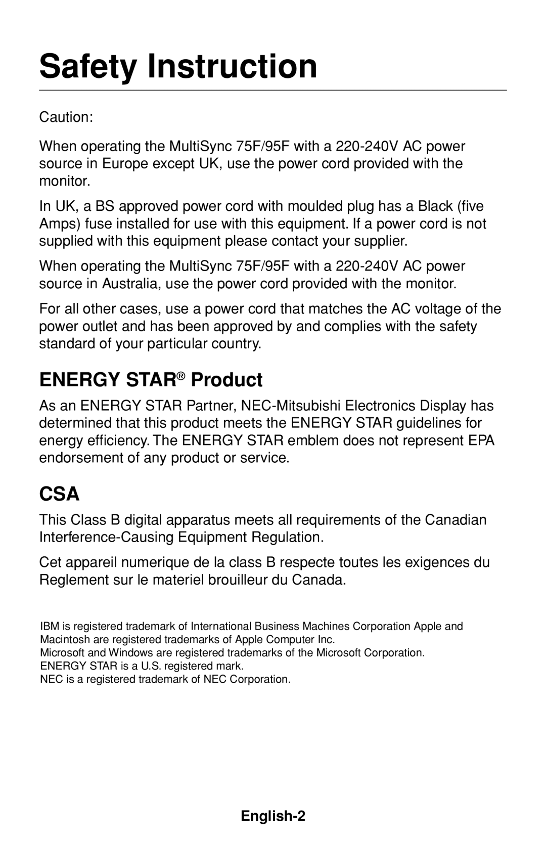 NEC MultiSync 75F user manual Safety Instruction, English-2 