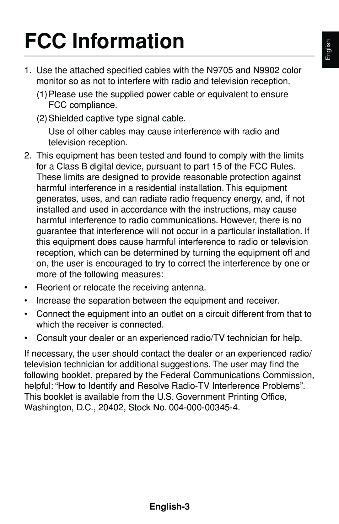 NEC MultiSync 75F user manual FCC Information, English-3 