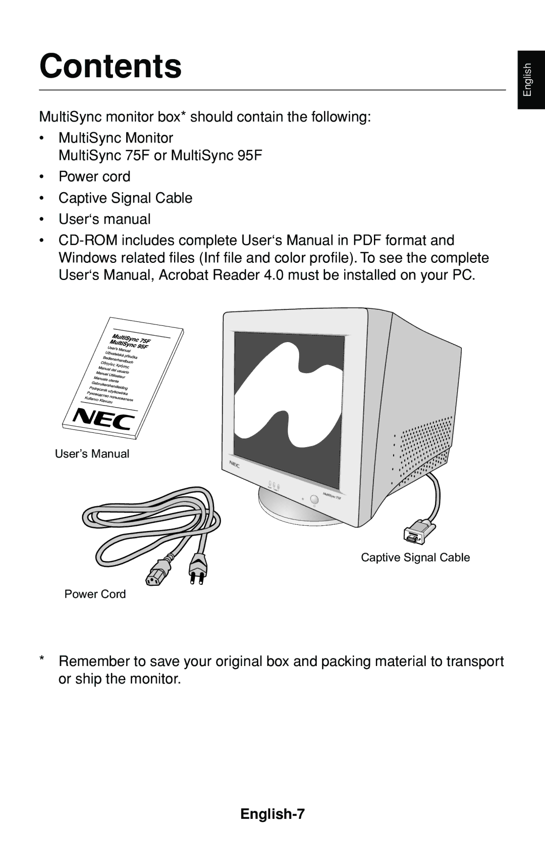 NEC MultiSync 75F user manual Contents 