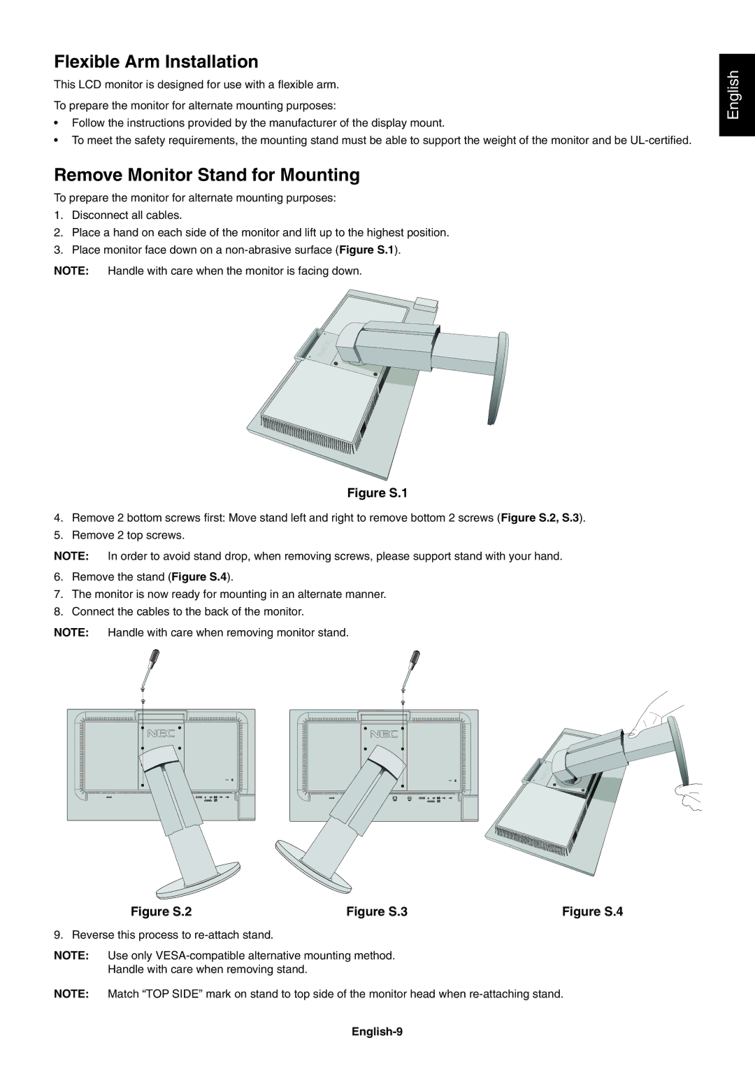 NEC MultiSync EA224WMi user manual Flexible Arm Installation, Remove Monitor Stand for Mounting, English-9 