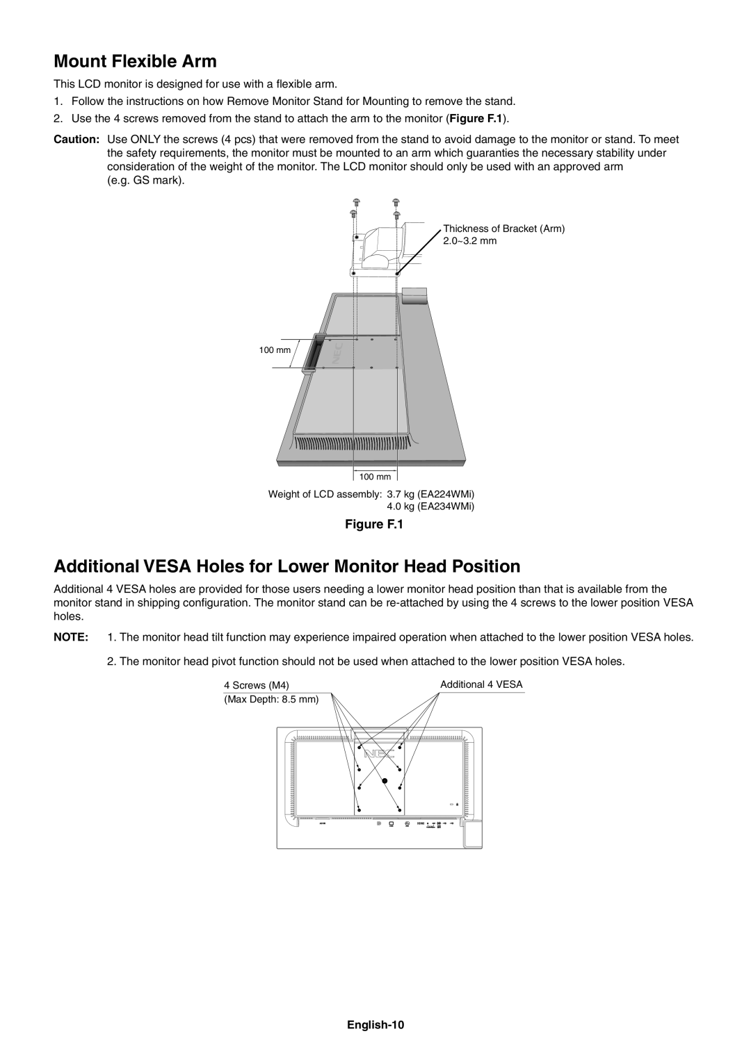 NEC MultiSync EA224WMi user manual Mount Flexible Arm, Additional Vesa Holes for Lower Monitor Head Position, English-10 