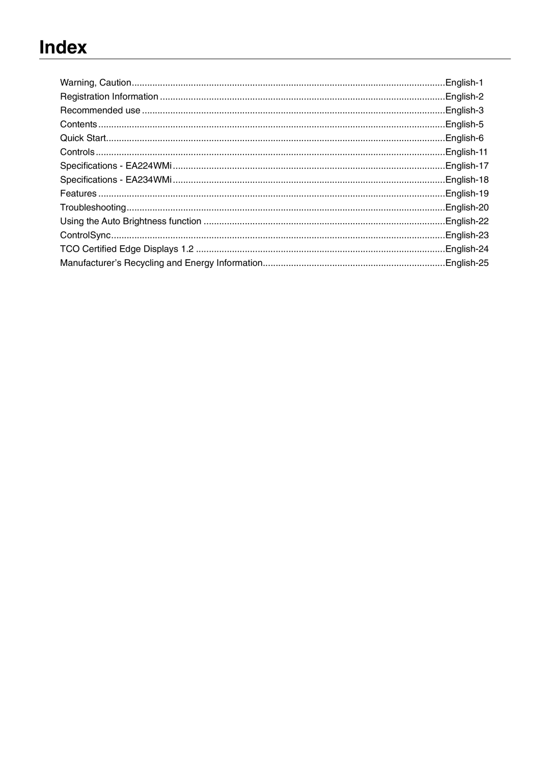 NEC MultiSync EA224WMi user manual Index, English-25 