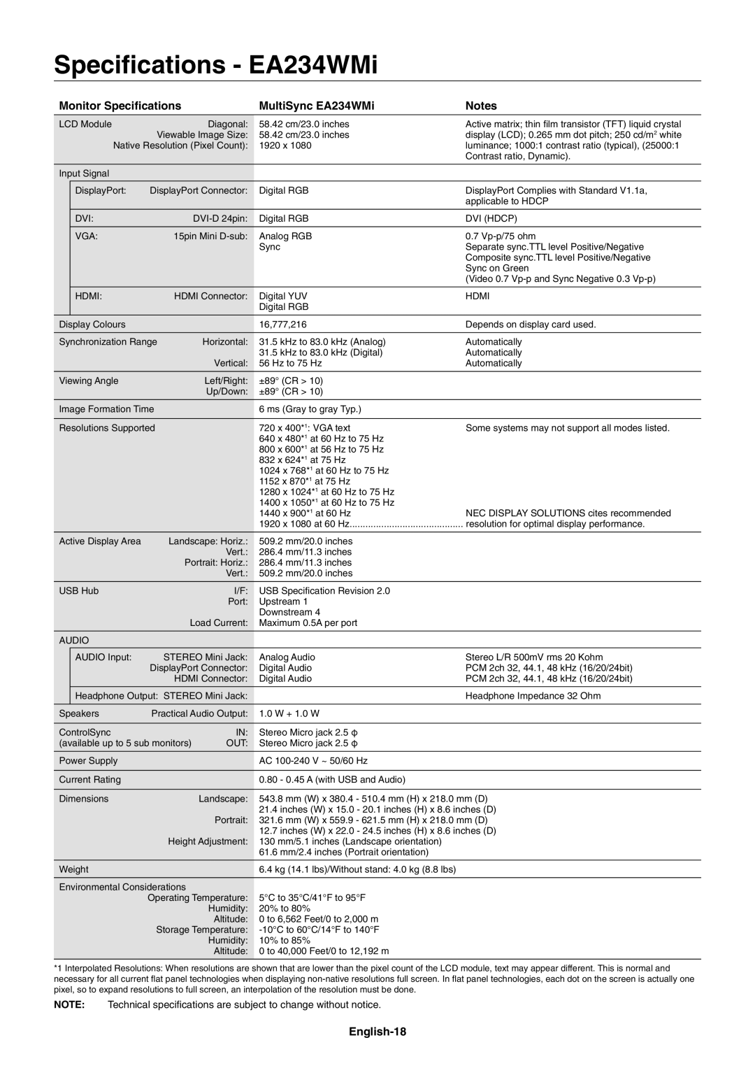 NEC MultiSync EA224WMi user manual Speciﬁcations EA234WMi, Monitor Speciﬁcations MultiSync EA234WMi, English-18 