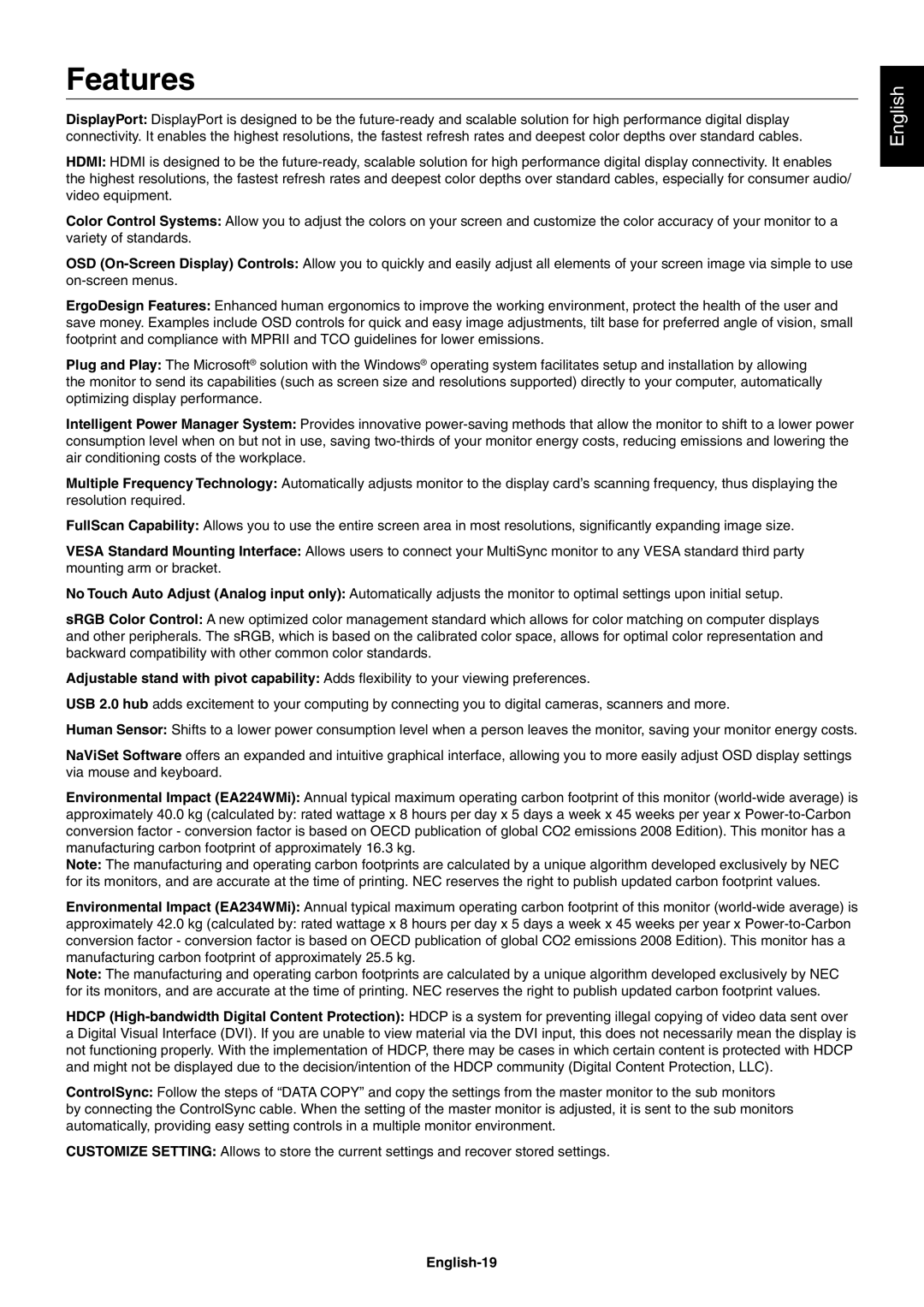 NEC MultiSync EA224WMi user manual Features, English-19 