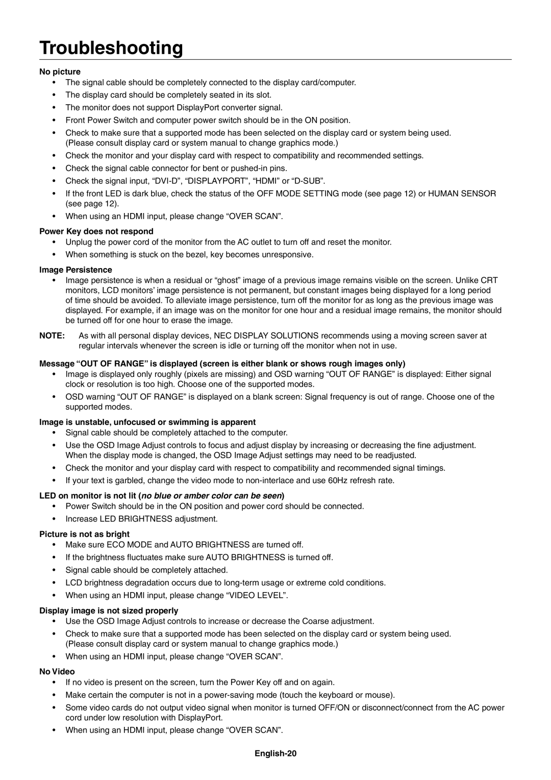 NEC MultiSync EA224WMi user manual Troubleshooting 