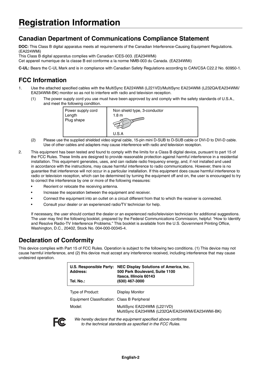 NEC MultiSync EA224WMi Registration Information, Canadian Department of Communications Compliance Statement, English-2 