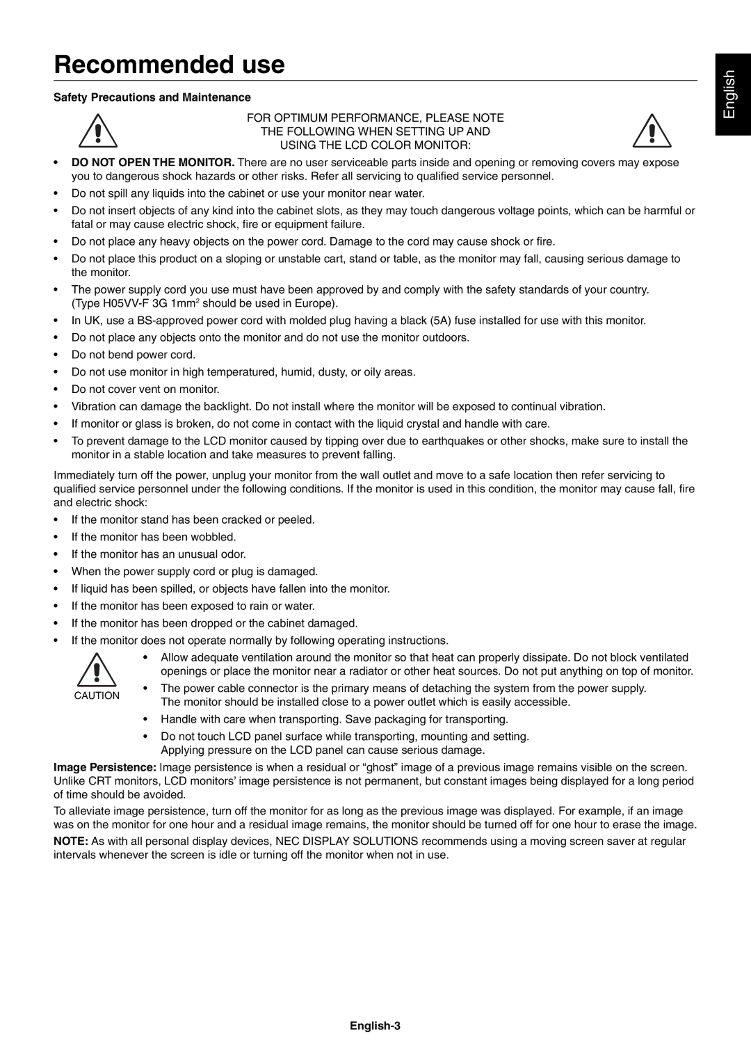 NEC MultiSync EA224WMi user manual Recommended use, Safety Precautions and Maintenance, English-3 