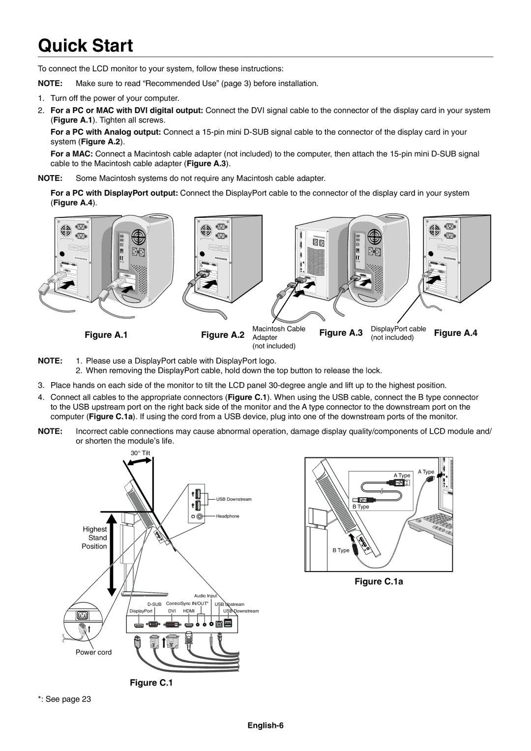 NEC MultiSync EA224WMi user manual Quick Start, English-6 