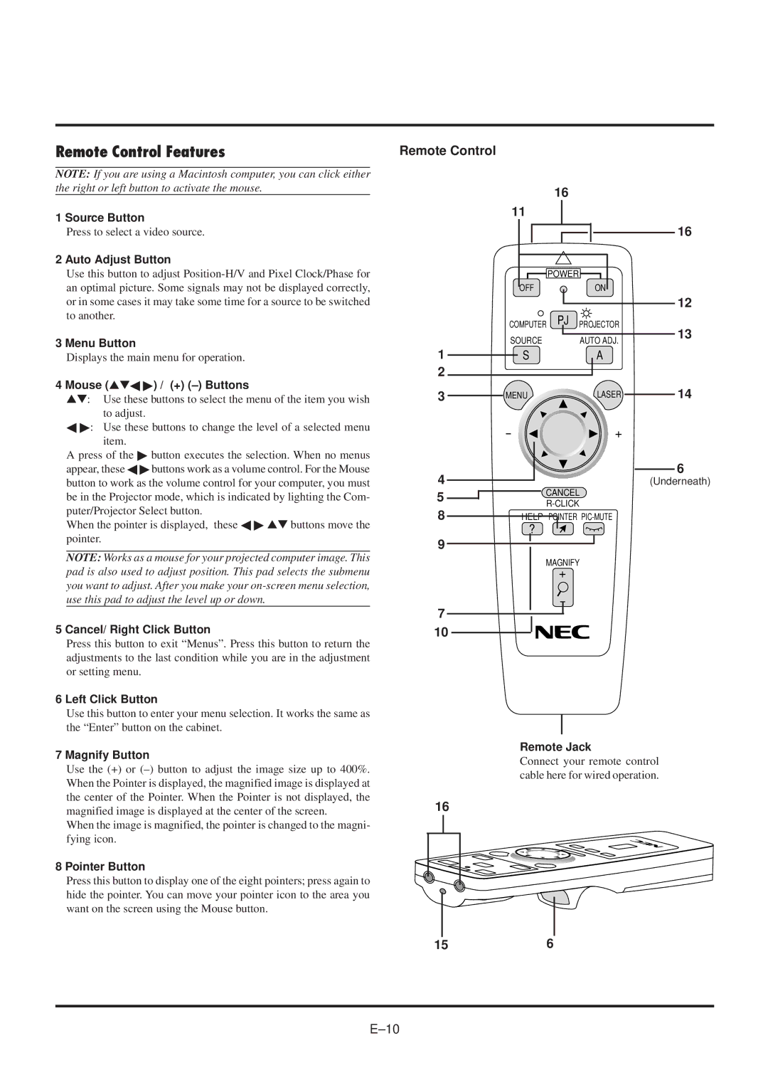 NEC MultiSync MT840 user manual Remote Control Features, 156 