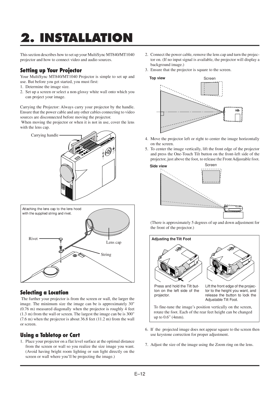 NEC MultiSync MT840 user manual Installation, Setting up Your Projector, Selecting a Location, Using a Tabletop or Cart 