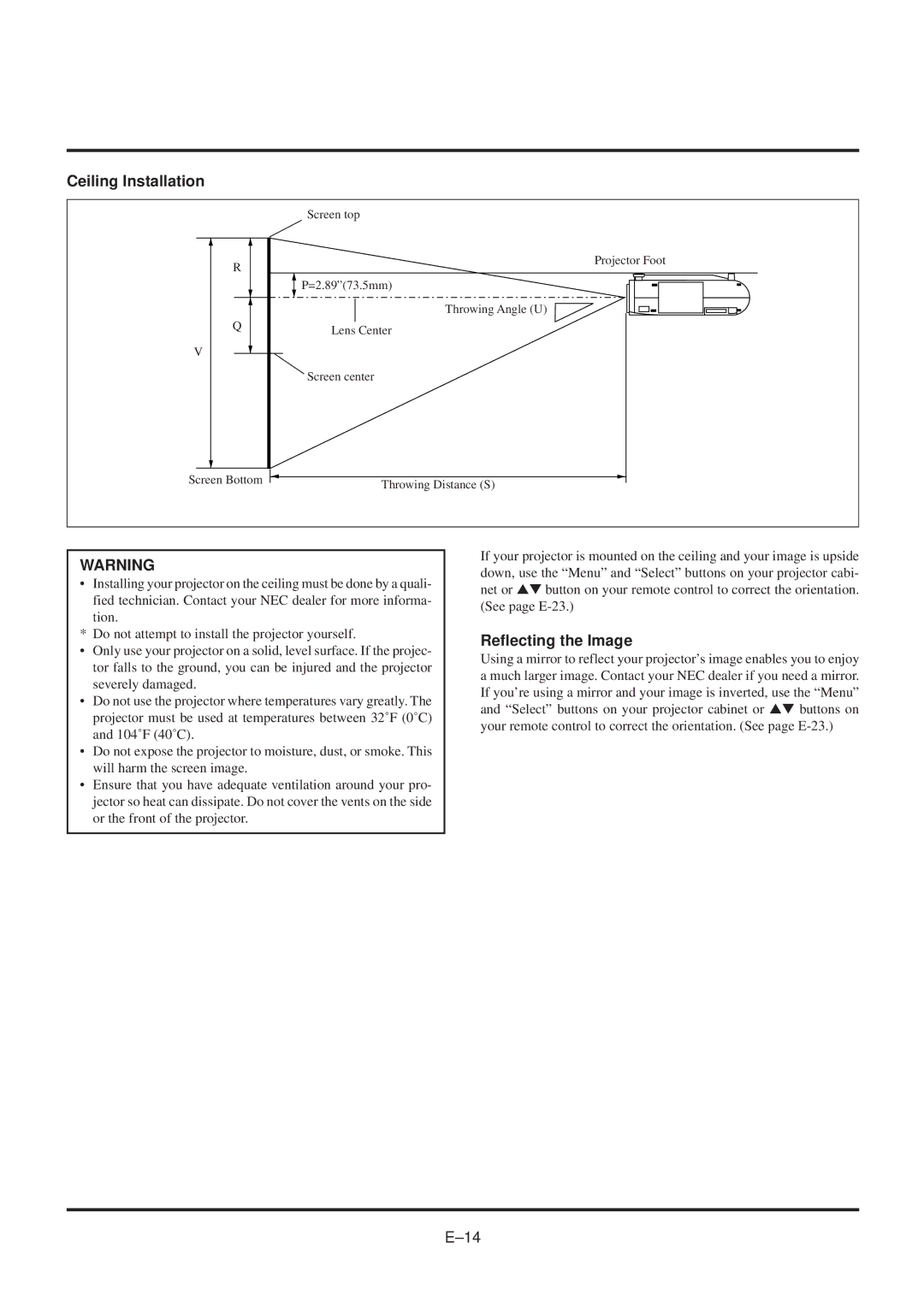 NEC MultiSync MT840 user manual Ceiling Installation, Reflecting the Image 