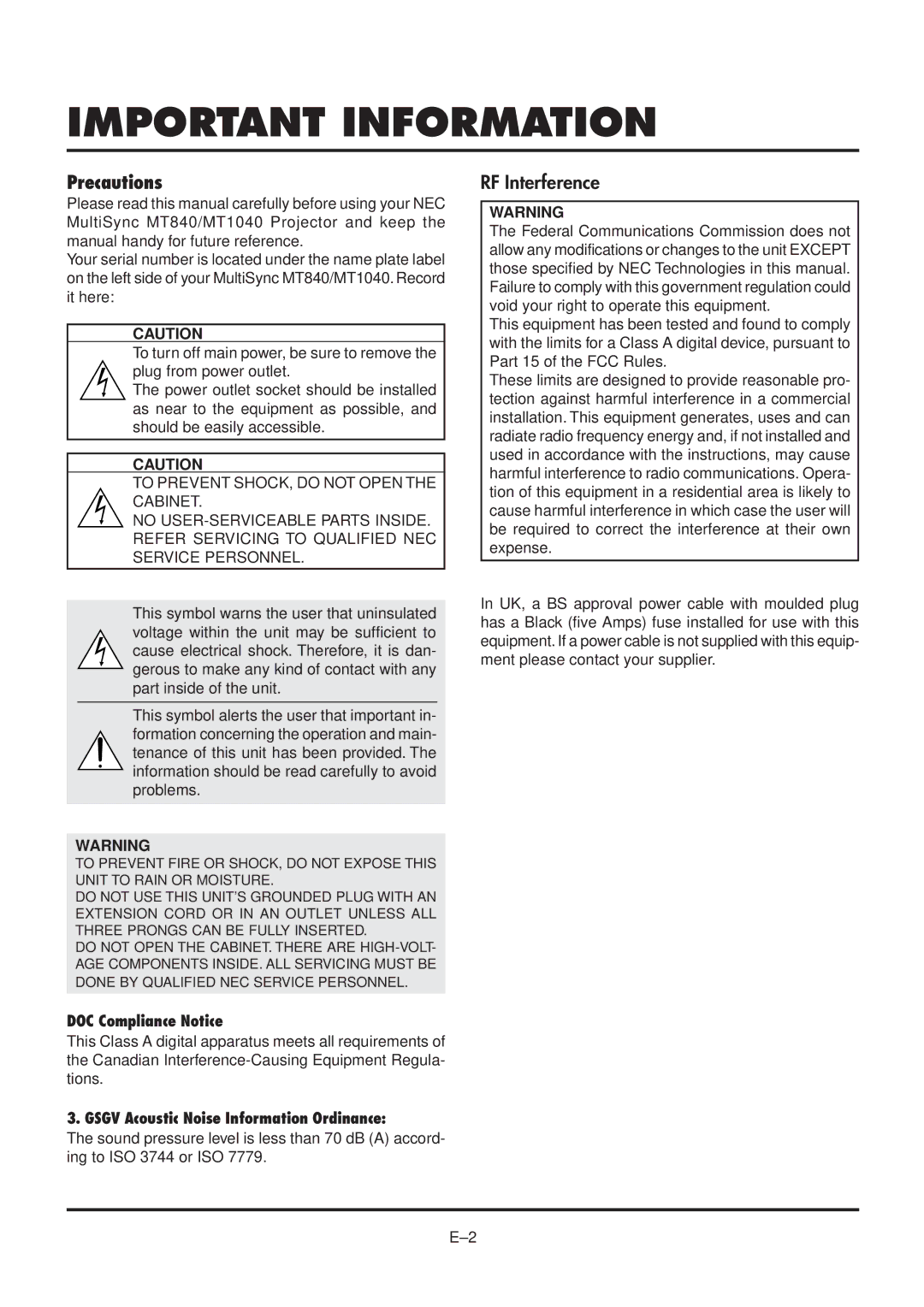 NEC MultiSync MT840 user manual Important Information, Precautions 