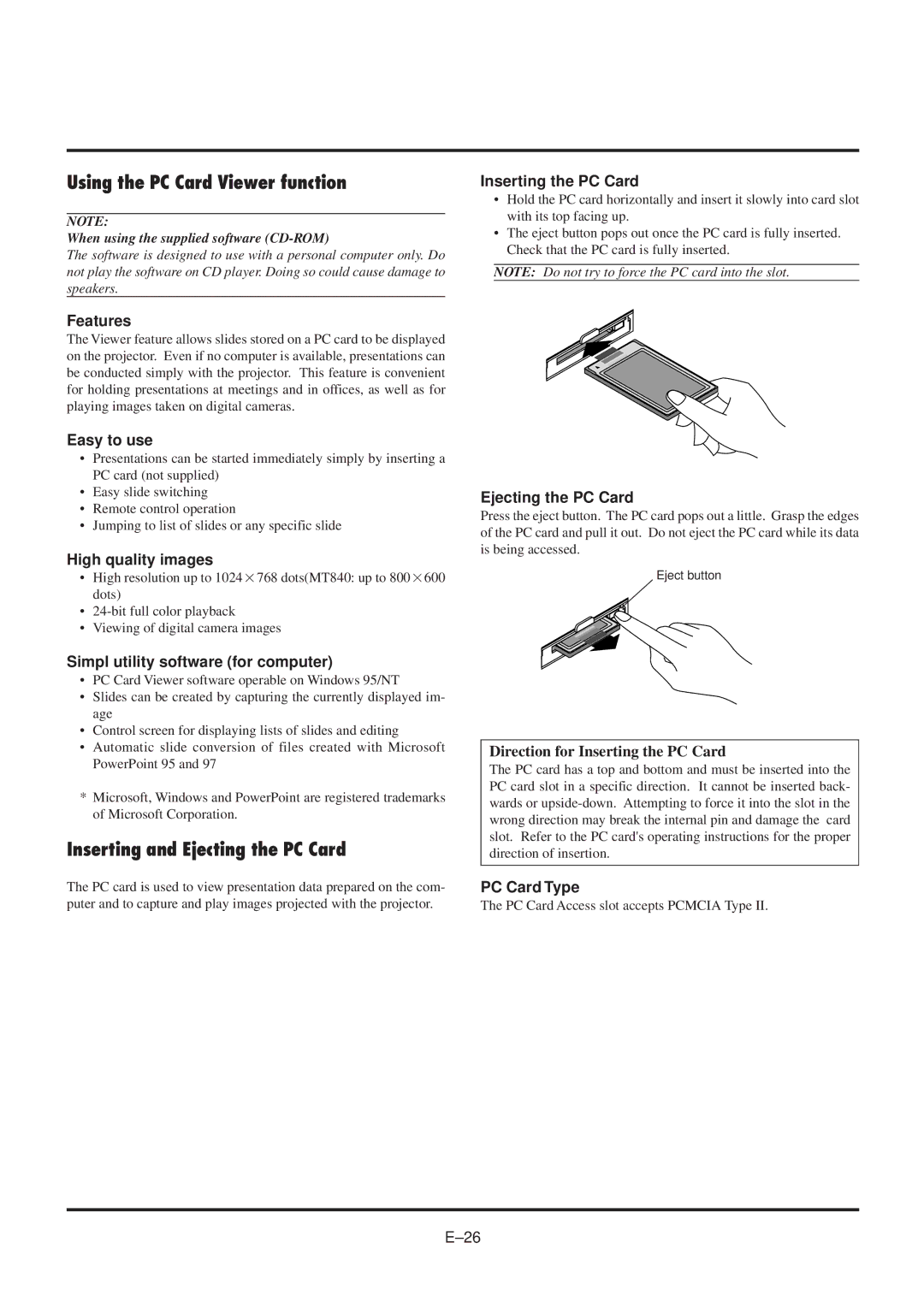 NEC MultiSync MT840 user manual Using the PC Card Viewer function, Inserting and Ejecting the PC Card 