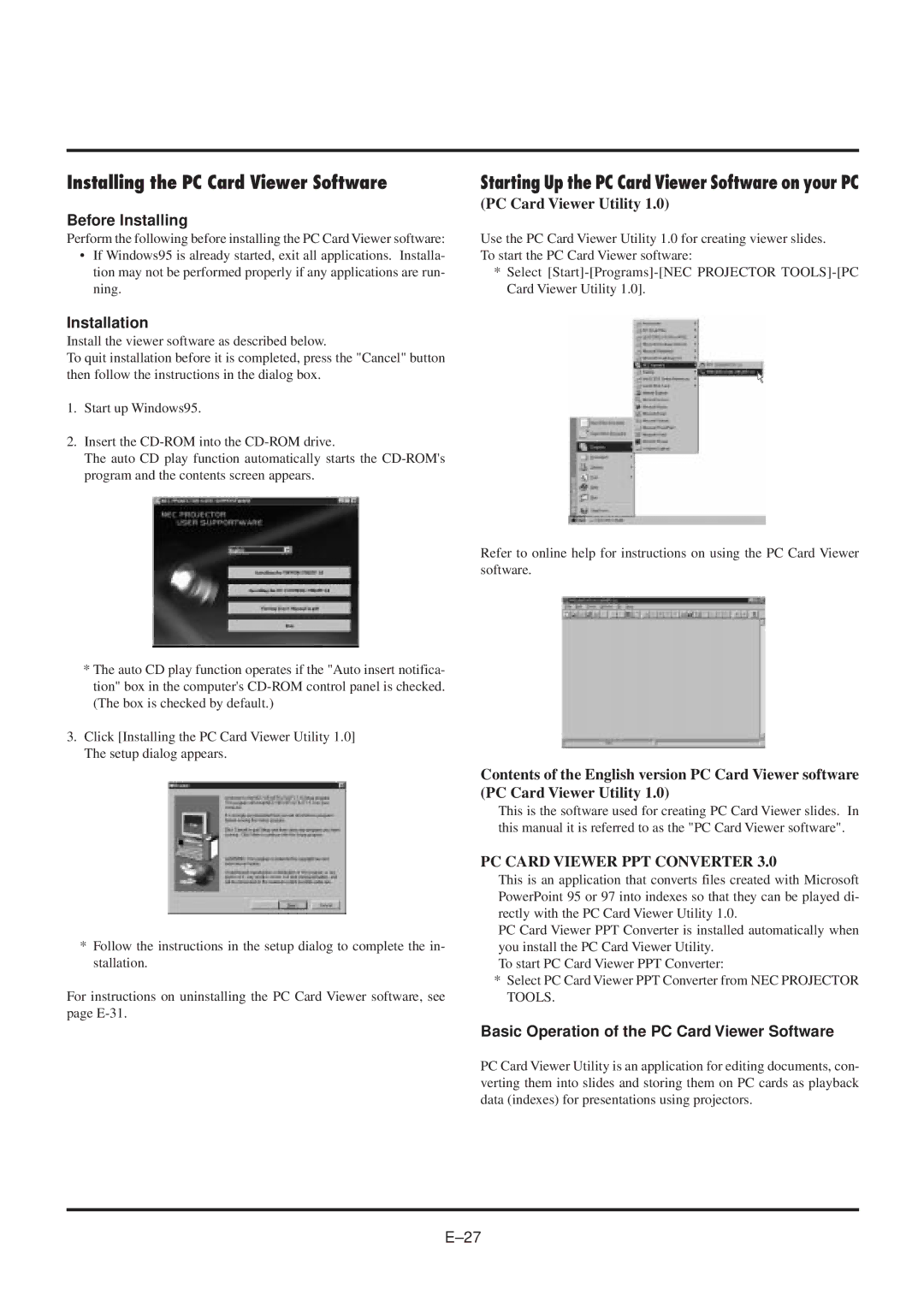 NEC MultiSync MT840 Installing the PC Card Viewer Software, Before Installing, PC Card Viewer Utility, Installation 