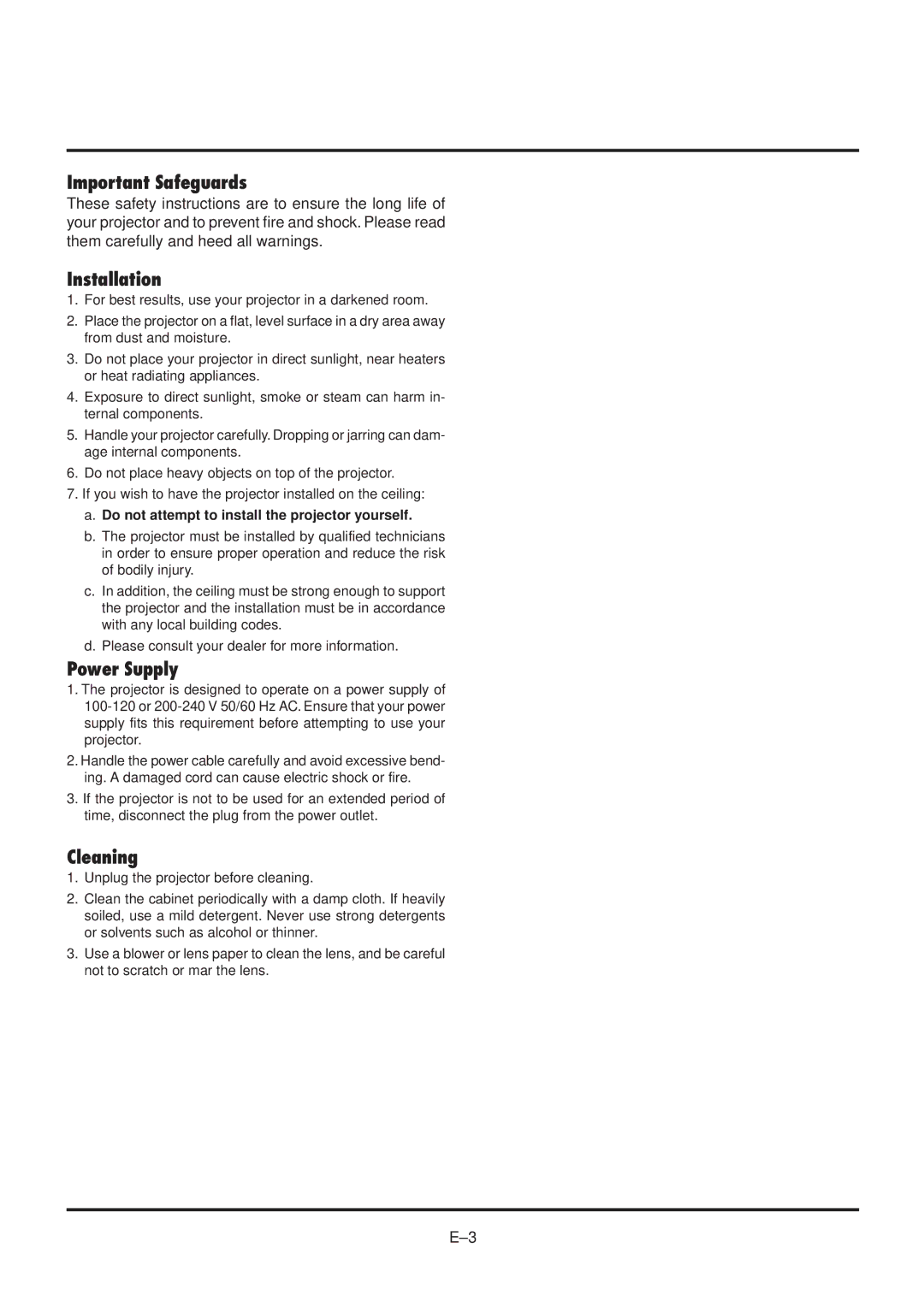 NEC MultiSync MT840 user manual Important Safeguards, Installation, Power Supply, Cleaning 