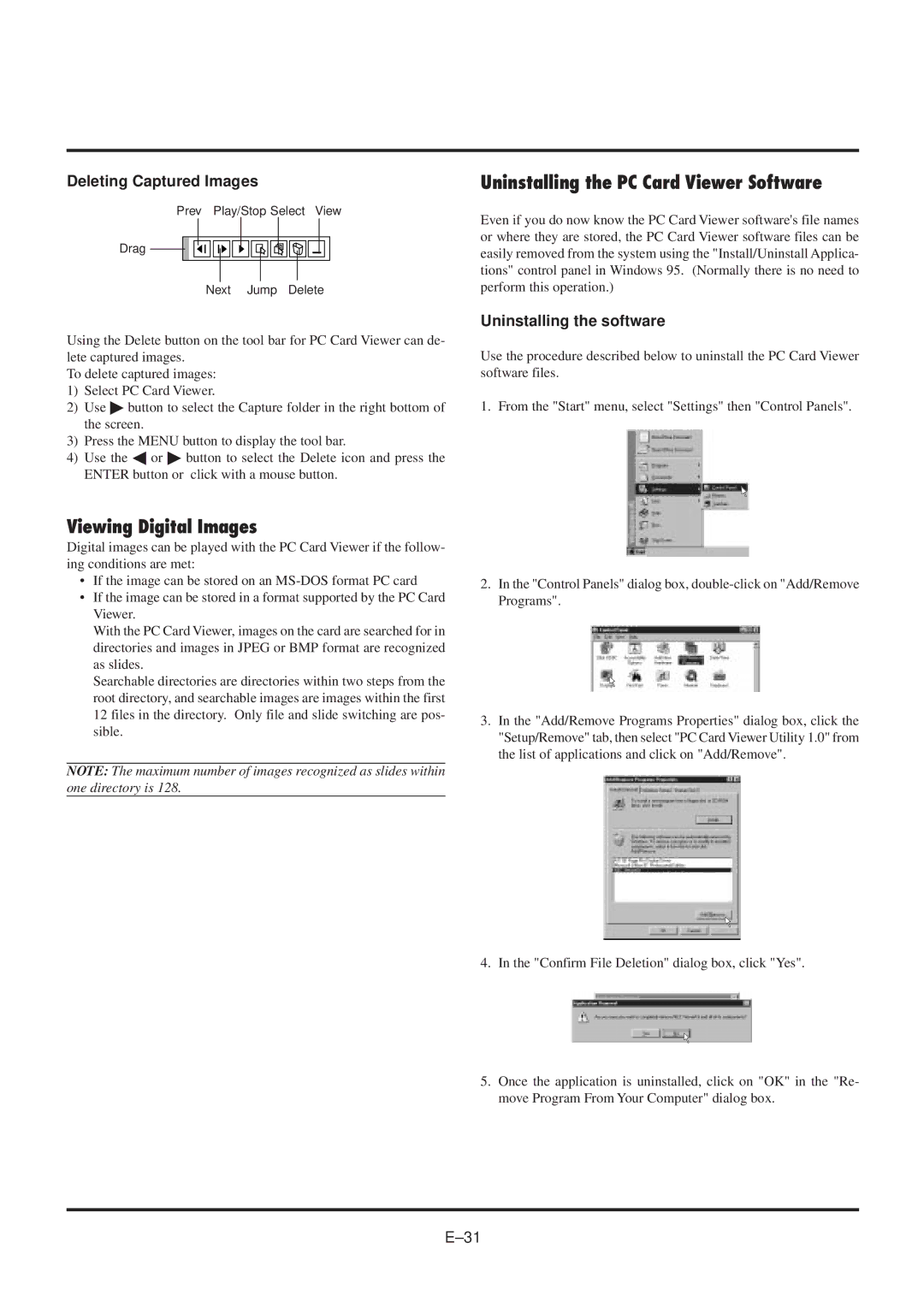 NEC MultiSync MT840 user manual Viewing Digital Images, Uninstalling the PC Card Viewer Software, Deleting Captured Images 