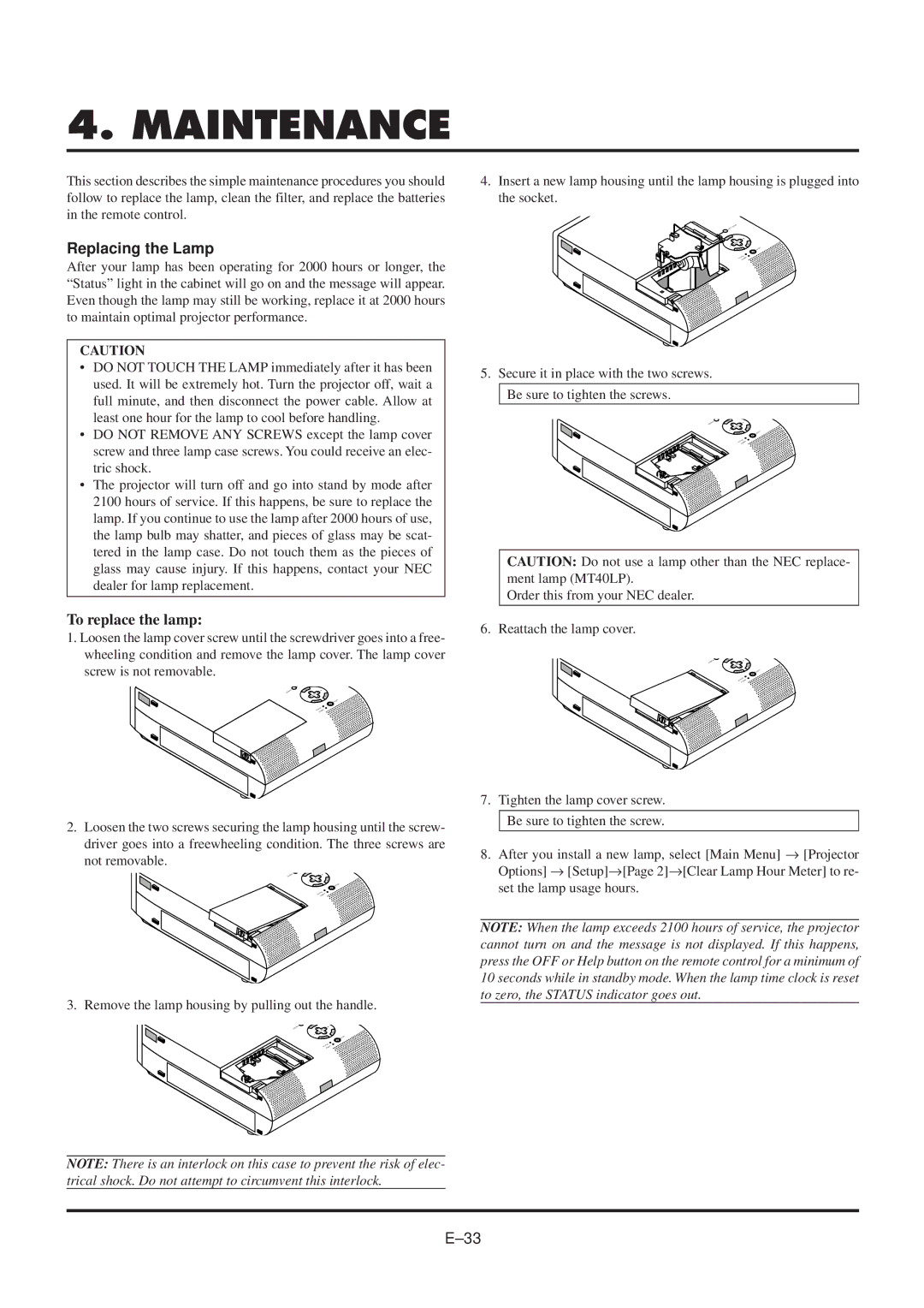 NEC MultiSync MT840 user manual Maintenance, Replacing the Lamp, To replace the lamp 