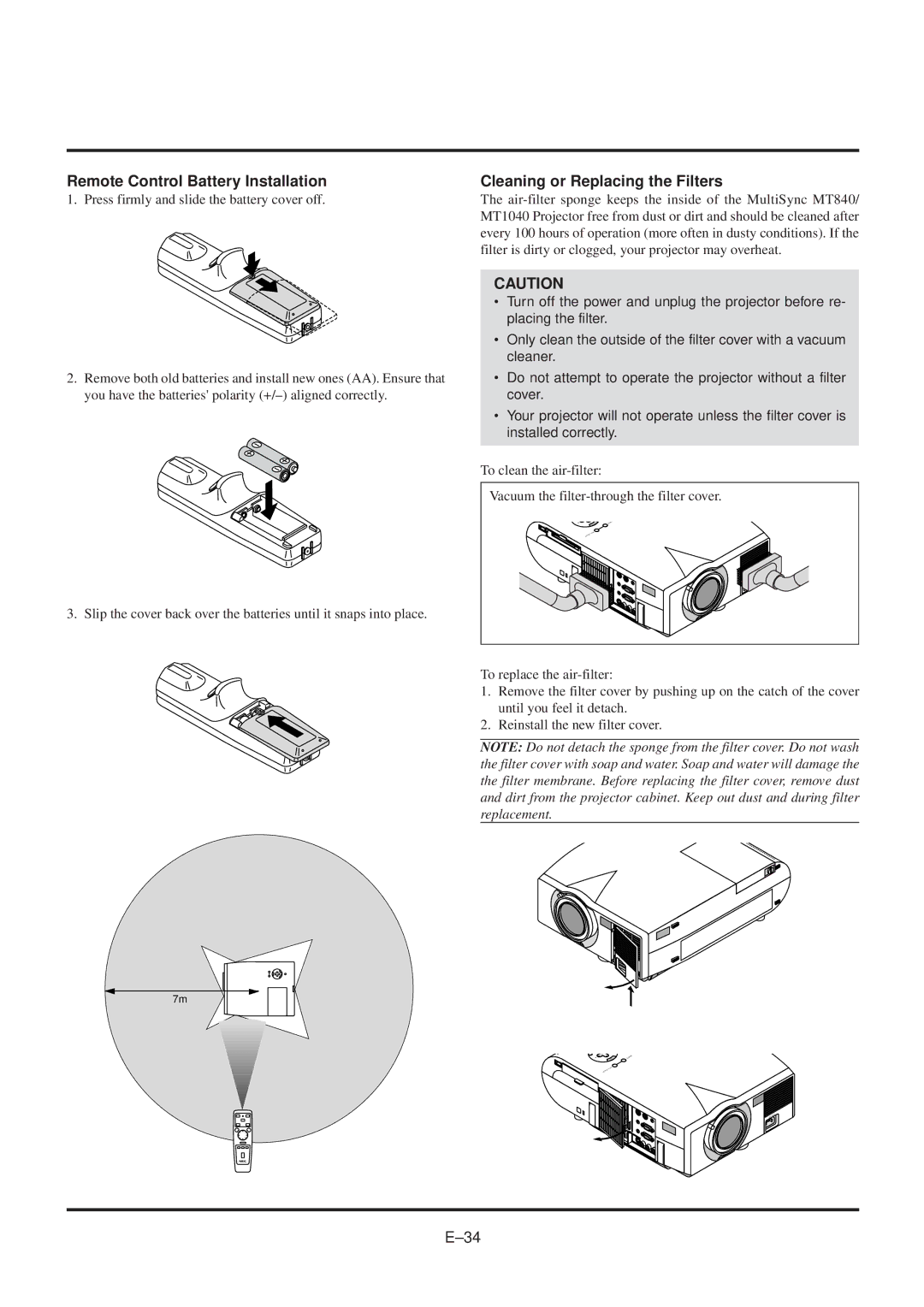 NEC MultiSync MT840 user manual Remote Control Battery Installation, Cleaning or Replacing the Filters 