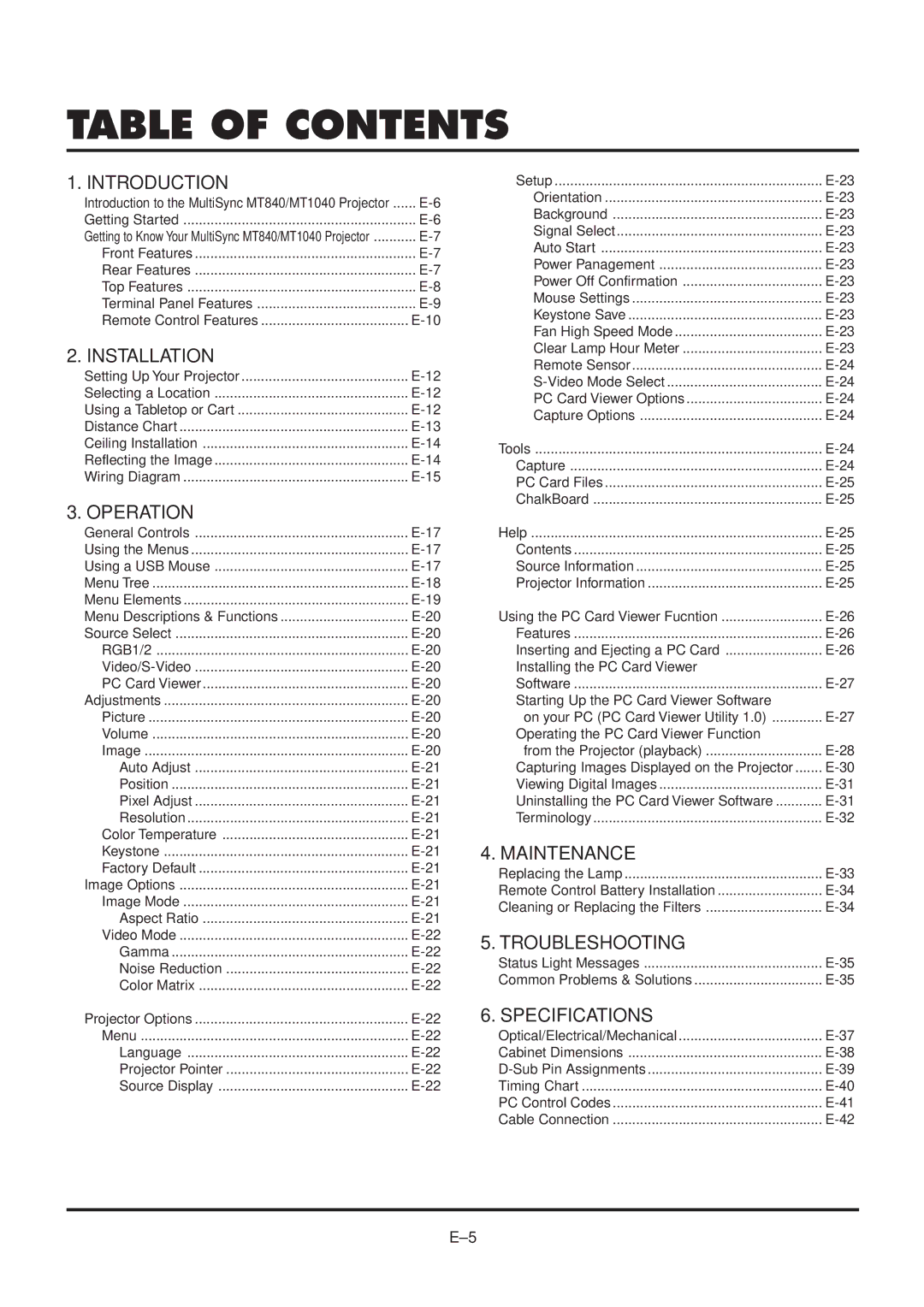 NEC MultiSync MT840 user manual Table of Contents 