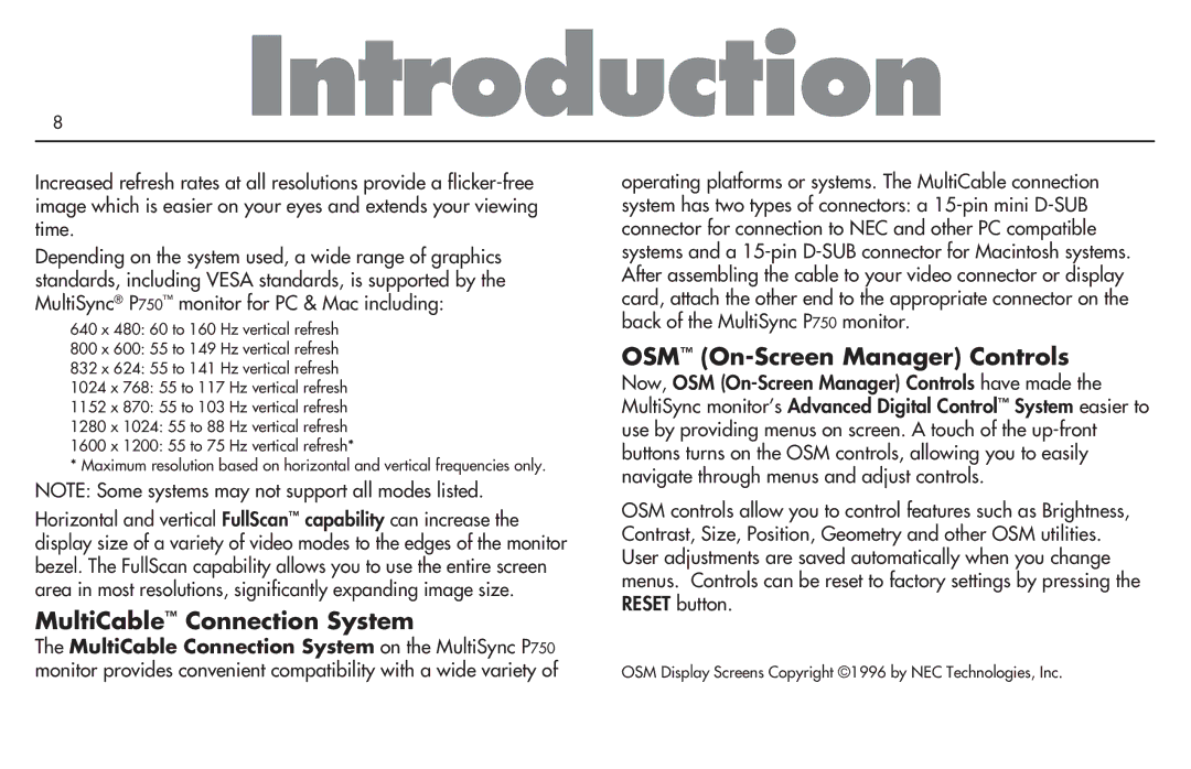 NEC MultiSync P750 user manual MultiCable Connection System, OSM On-Screen Manager Controls 