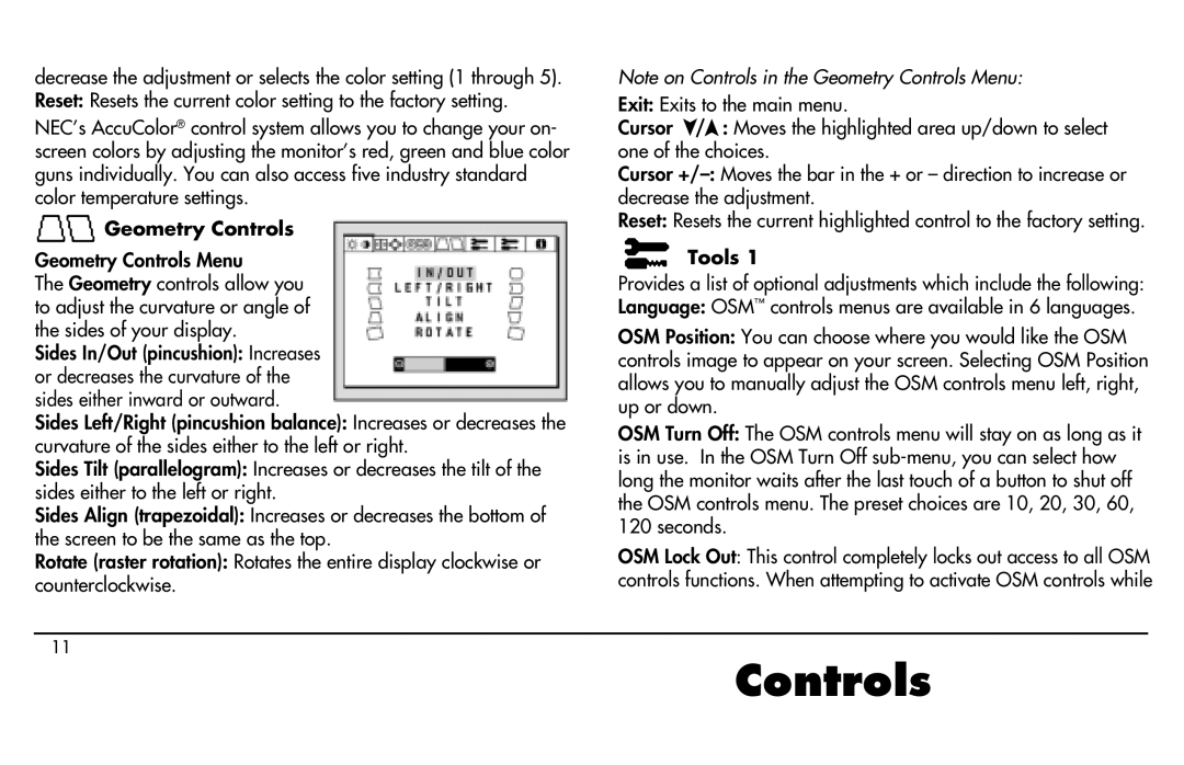 NEC MultiSync P750 user manual Geometry Controls, Tools 