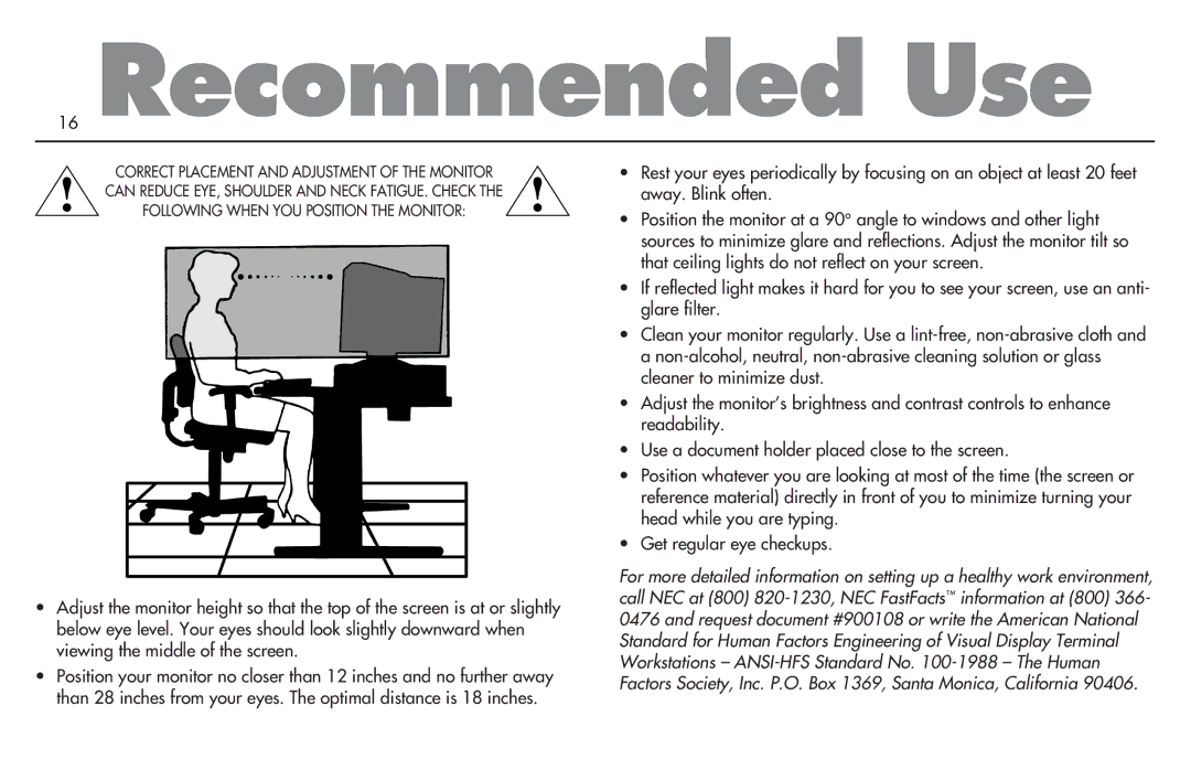 NEC MultiSync P750 user manual Recommended Use 