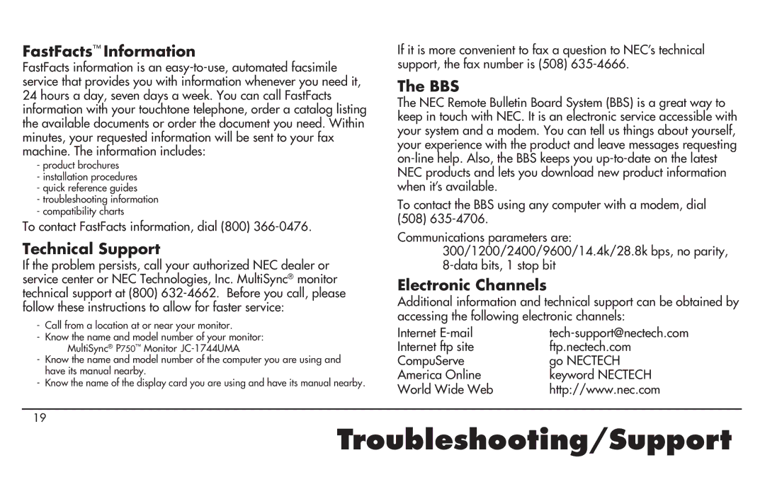 NEC MultiSync P750 user manual FastFacts Information, Technical Support, Bbs, Electronic Channels 