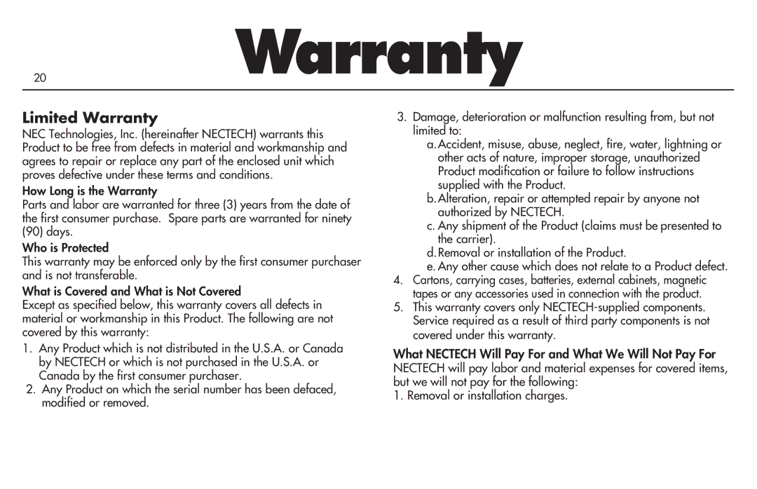 NEC MultiSync P750 user manual Limited Warranty 