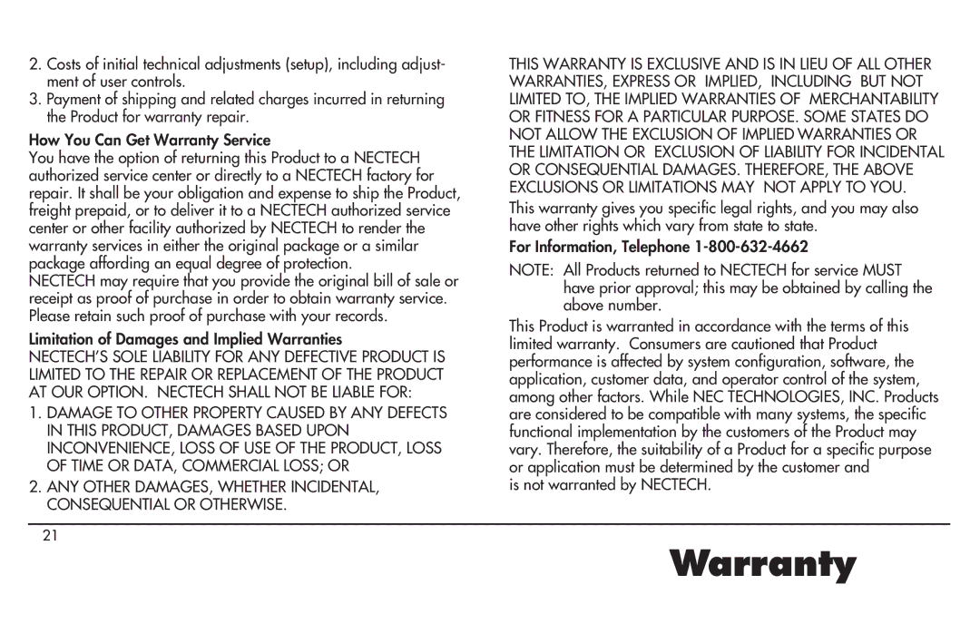 NEC MultiSync P750 user manual Warranty 