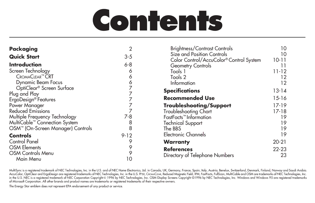 NEC MultiSync P750 user manual Contents 