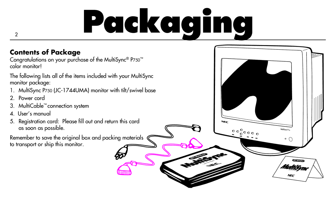 NEC MultiSync P750 user manual Packaging, Contents of Package 