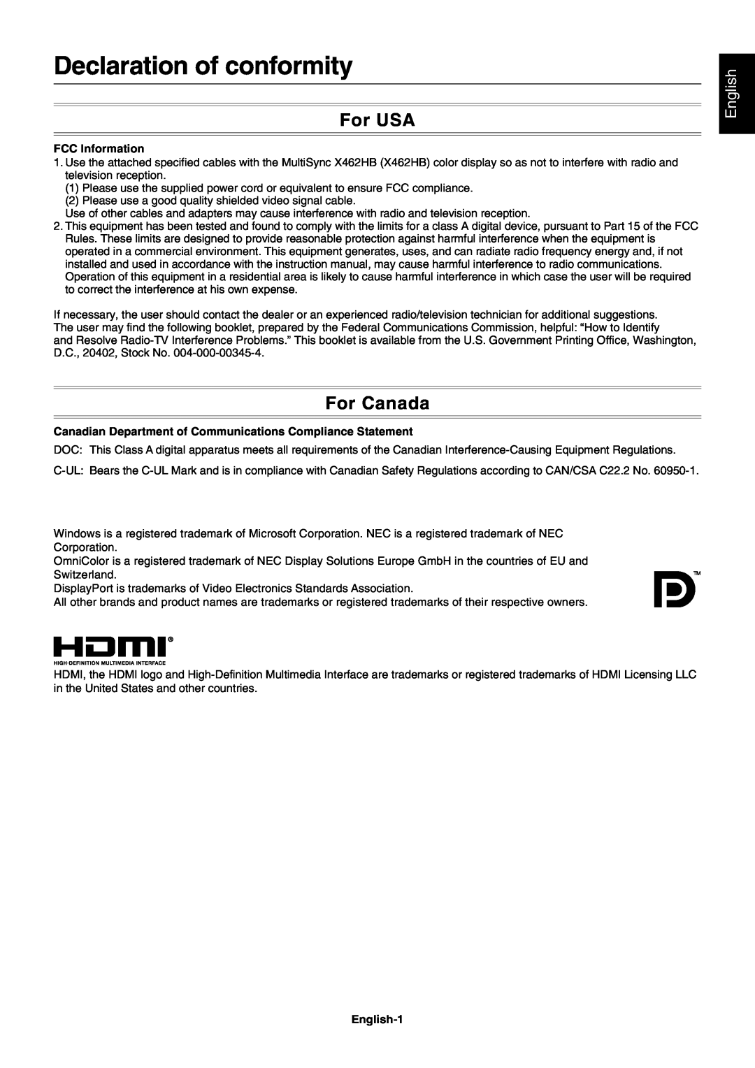 NEC MULTISYNC X462HB user manual Declaration of conformity, For USA, For Canada, English 