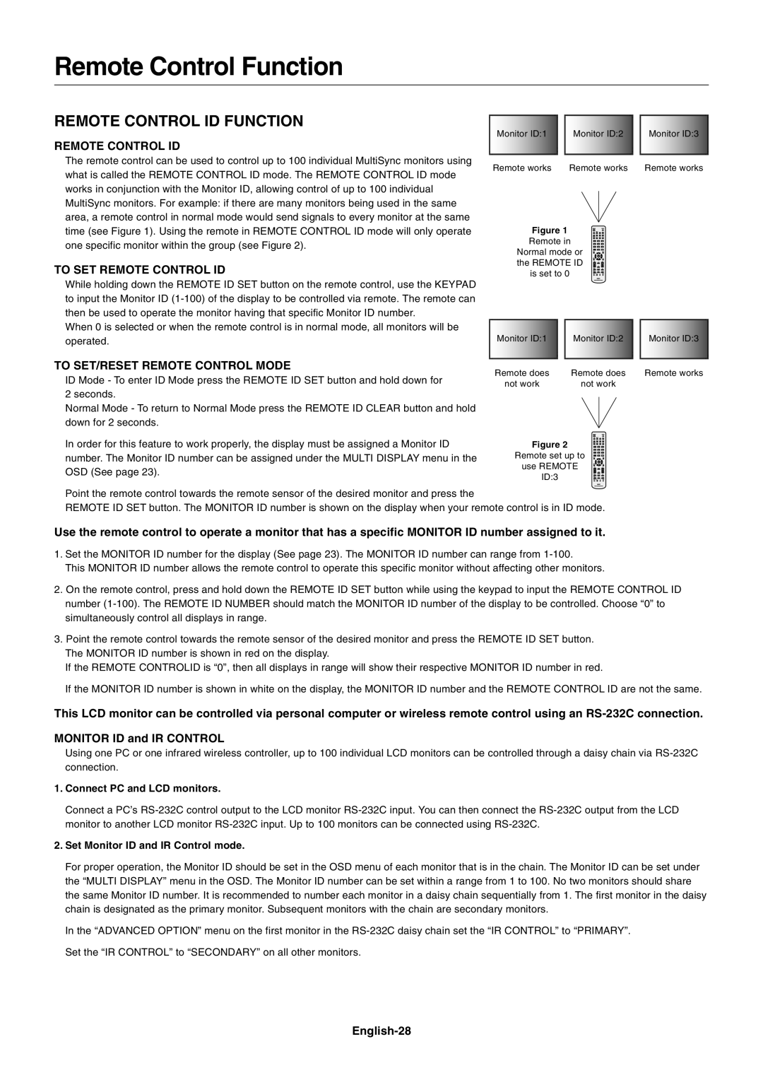 NEC MULTISYNC X462HB user manual Remote Control Function, Remote Control Id Function 