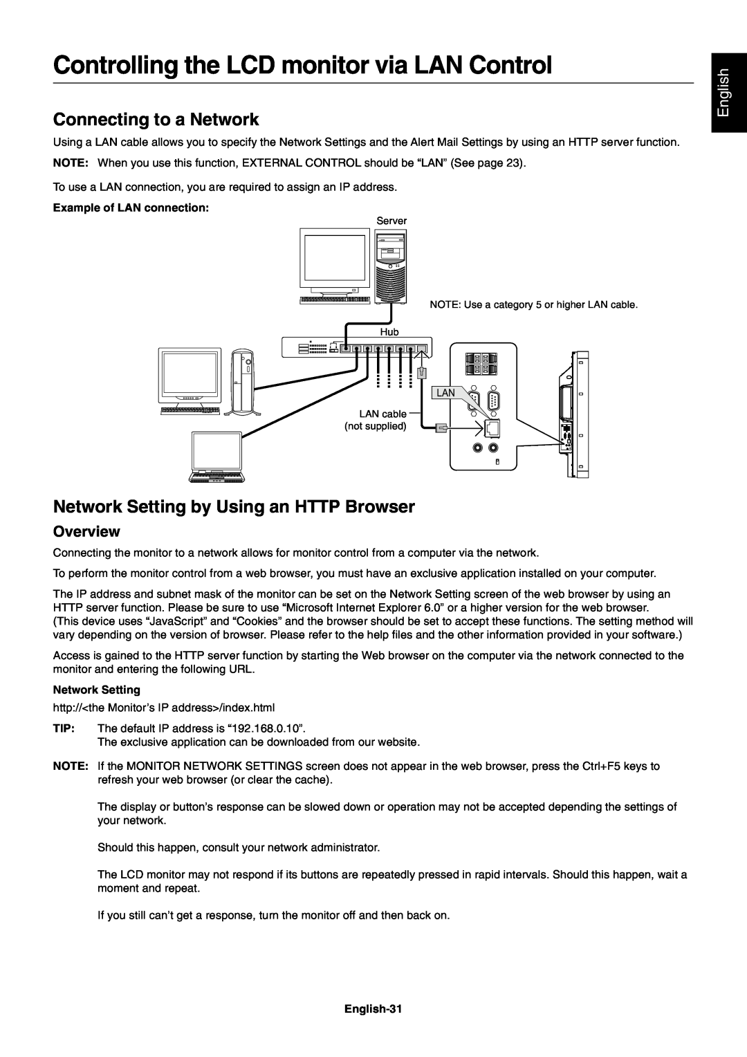 NEC MULTISYNC X462HB user manual Controlling the LCD monitor via LAN Control, Connecting to a Network, Overview, English 