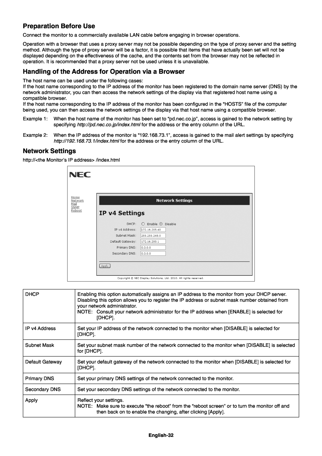 NEC MULTISYNC X462HB user manual Preparation Before Use, Network Settings, English-32 
