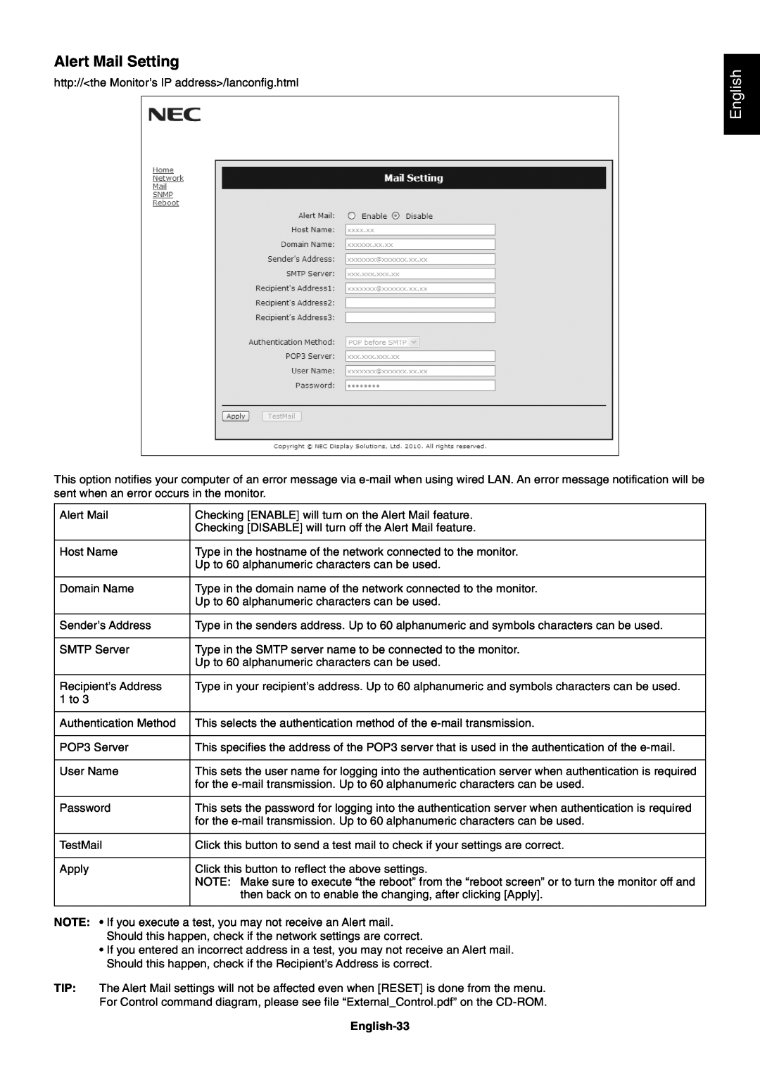 NEC MULTISYNC X462HB user manual Alert Mail Setting, English-33 