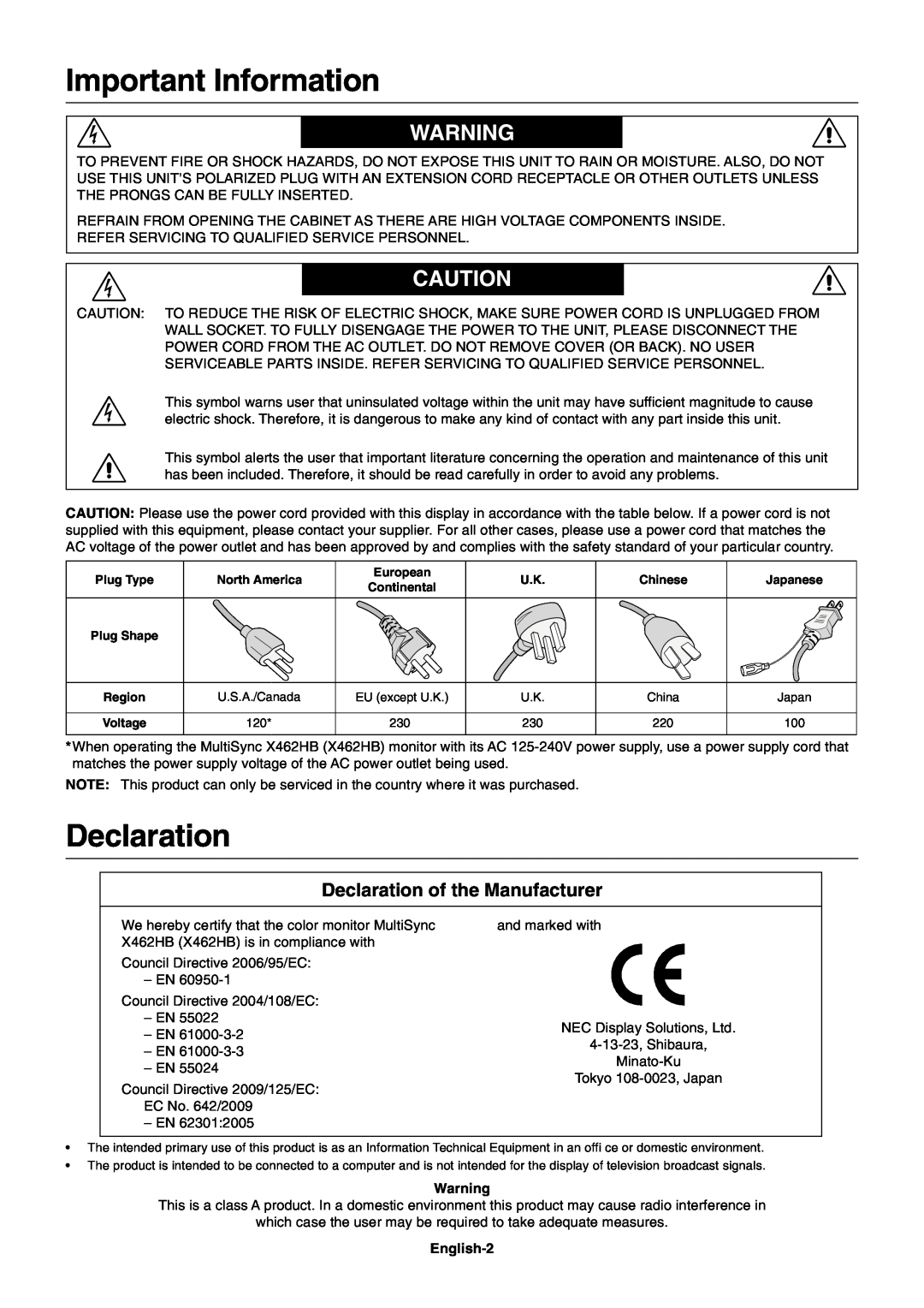 NEC MULTISYNC X462HB user manual Important Information, Declaration of the Manufacturer 