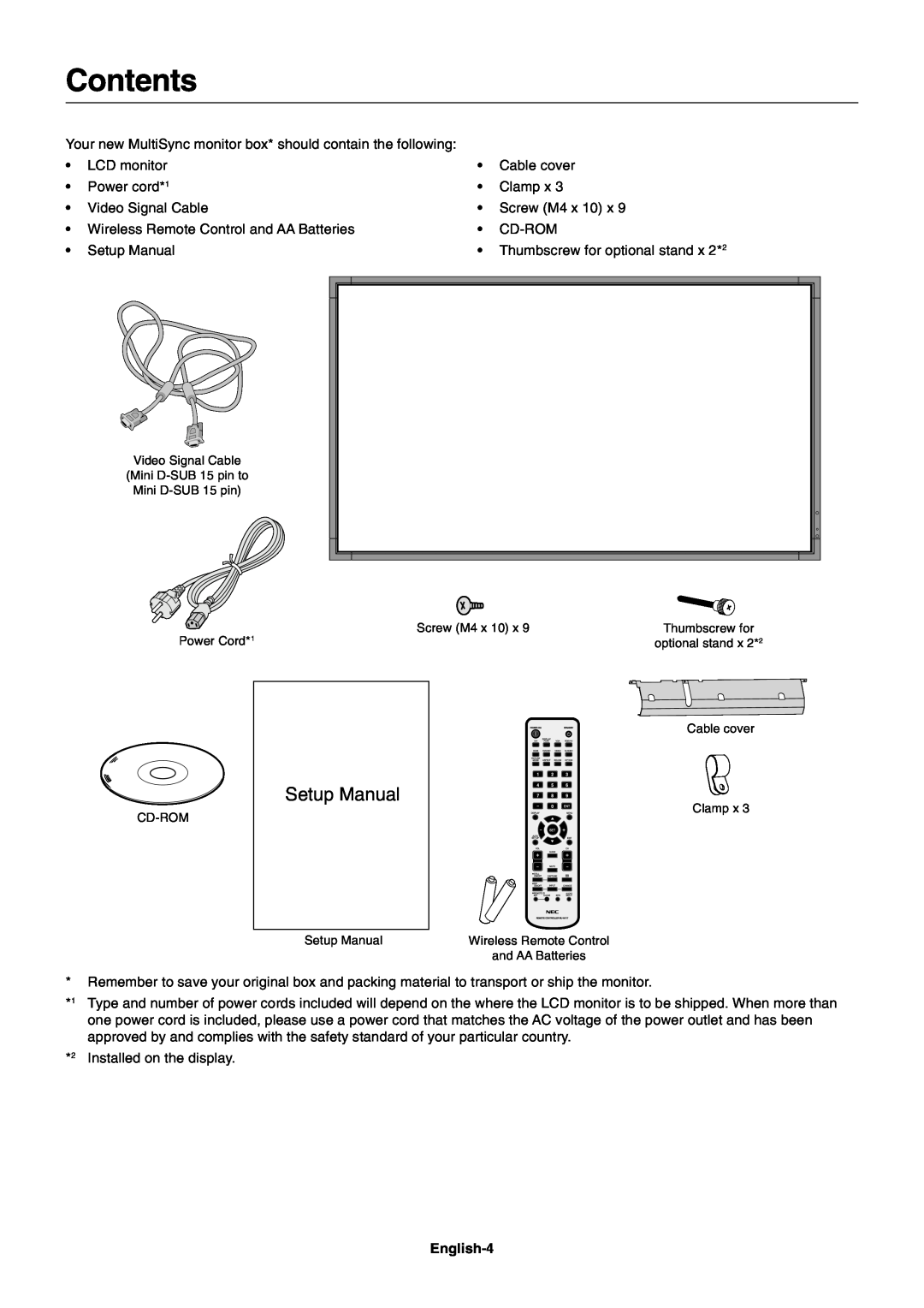 NEC MULTISYNC X462HB user manual Contents, Setup Manual 