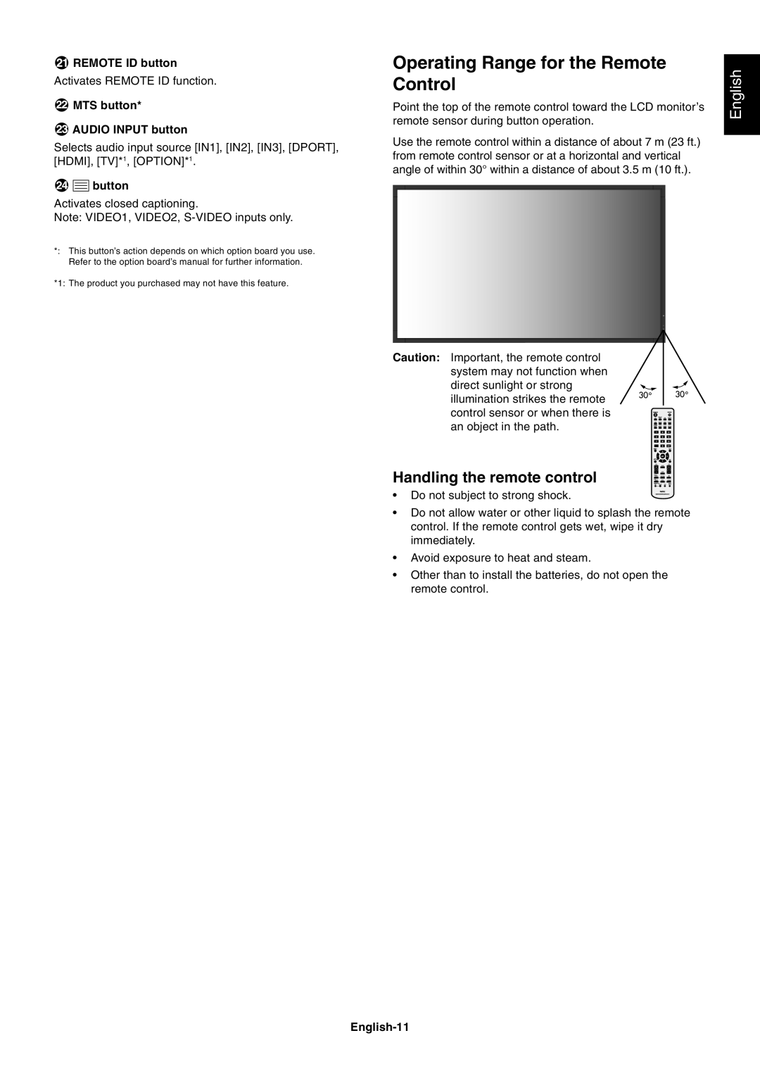 NEC MULTISYNC X462HB user manual Operating Range for the Remote Control, Handling the remote control 