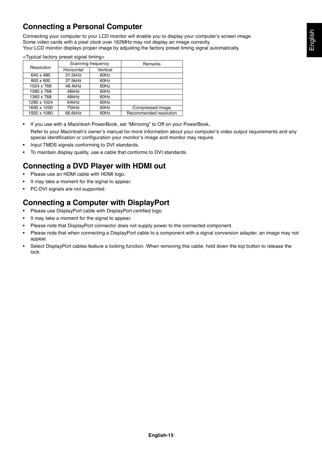 NEC MULTISYNC X462HB user manual Connecting a Personal Computer, Connecting a DVD Player with Hdmi out, English-15 