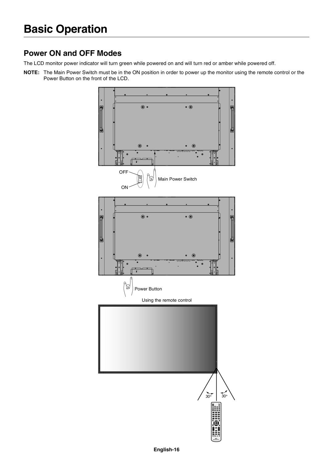 NEC MULTISYNC X462HB user manual Basic Operation, Power on and OFF Modes, English-16, Off 