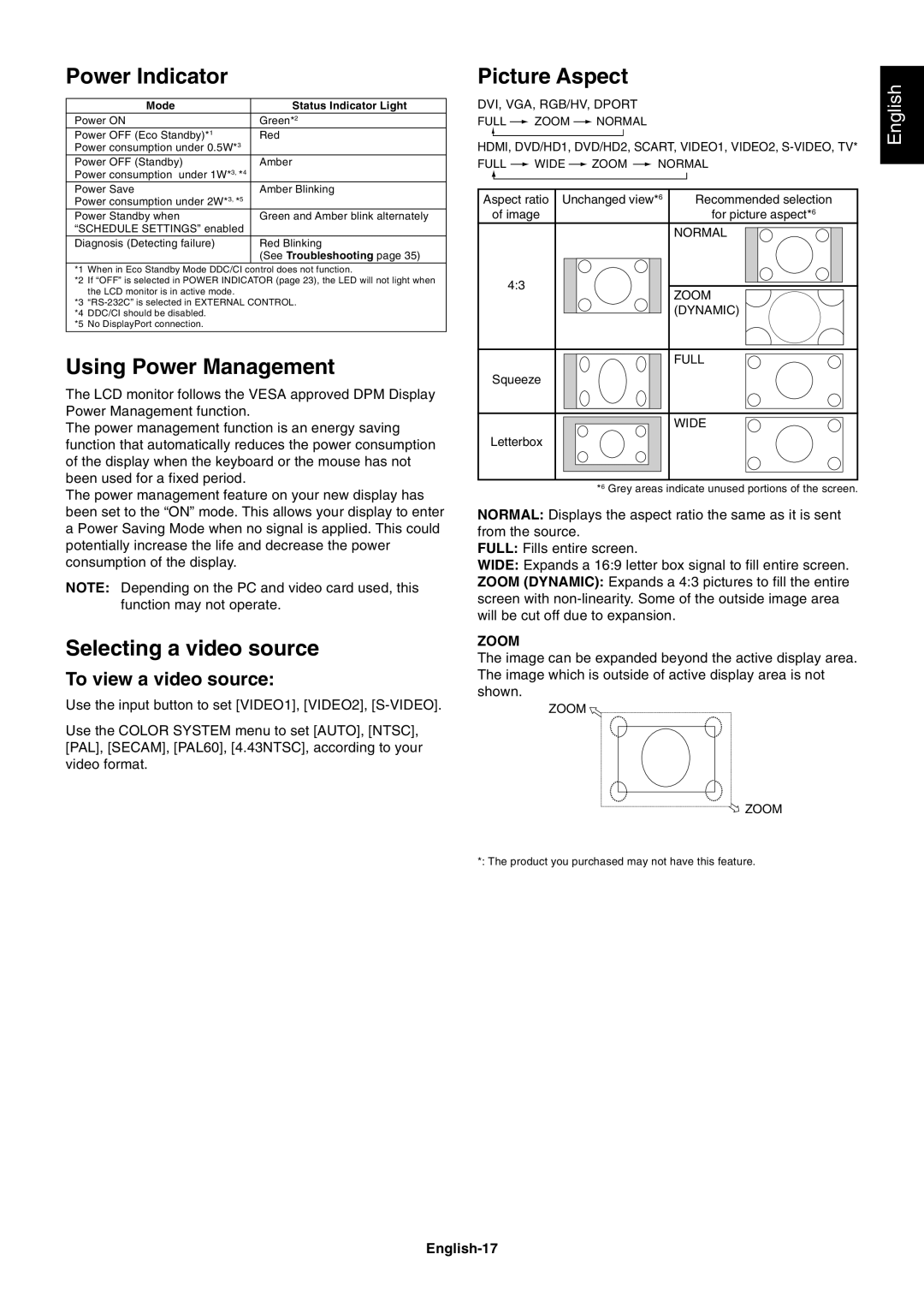 NEC MULTISYNC X462HB user manual Power Indicator, Using Power Management, Selecting a video source, Picture Aspect 