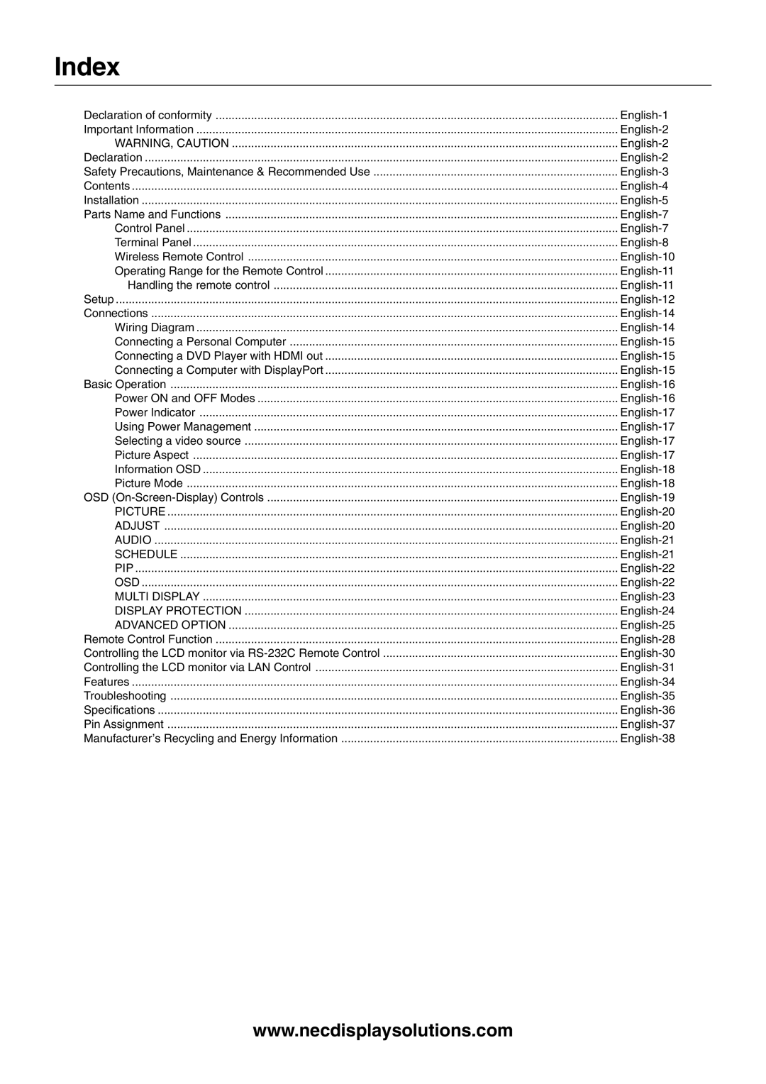 NEC MULTISYNC X462HB user manual Index, Advanced Option 