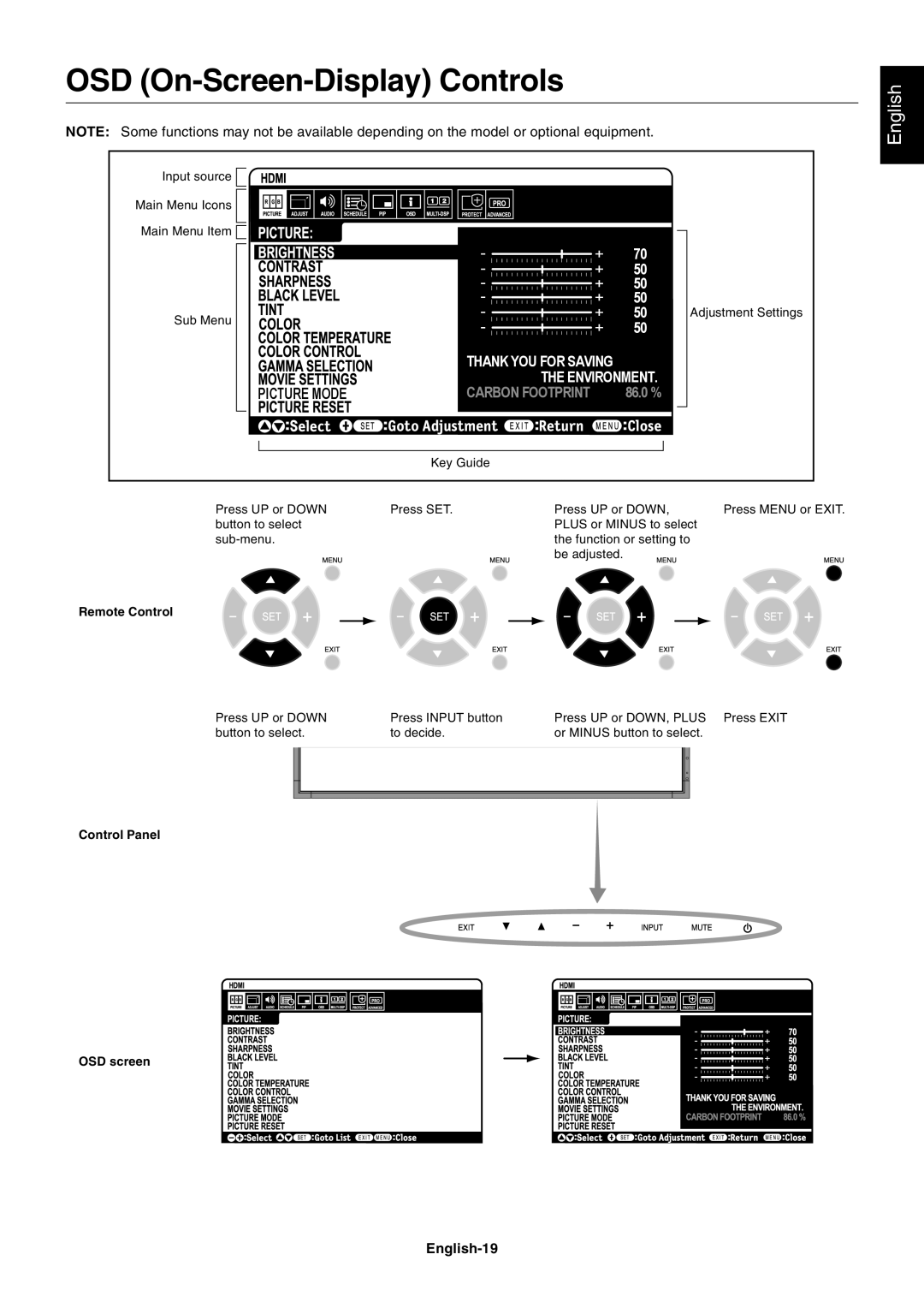 NEC MULTISYNC X462HB user manual OSD On-Screen-Display Controls, English-19 