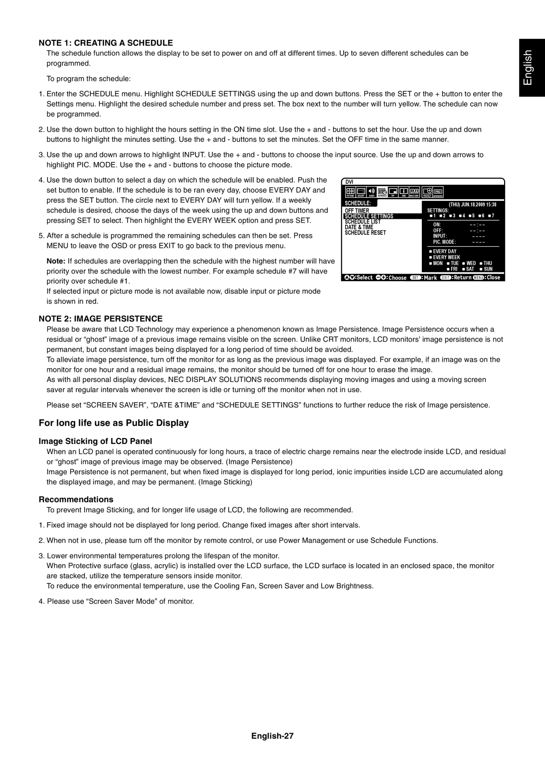 NEC MULTISYNC X462HB user manual Image Sticking of LCD Panel, Recommendations, English-27 